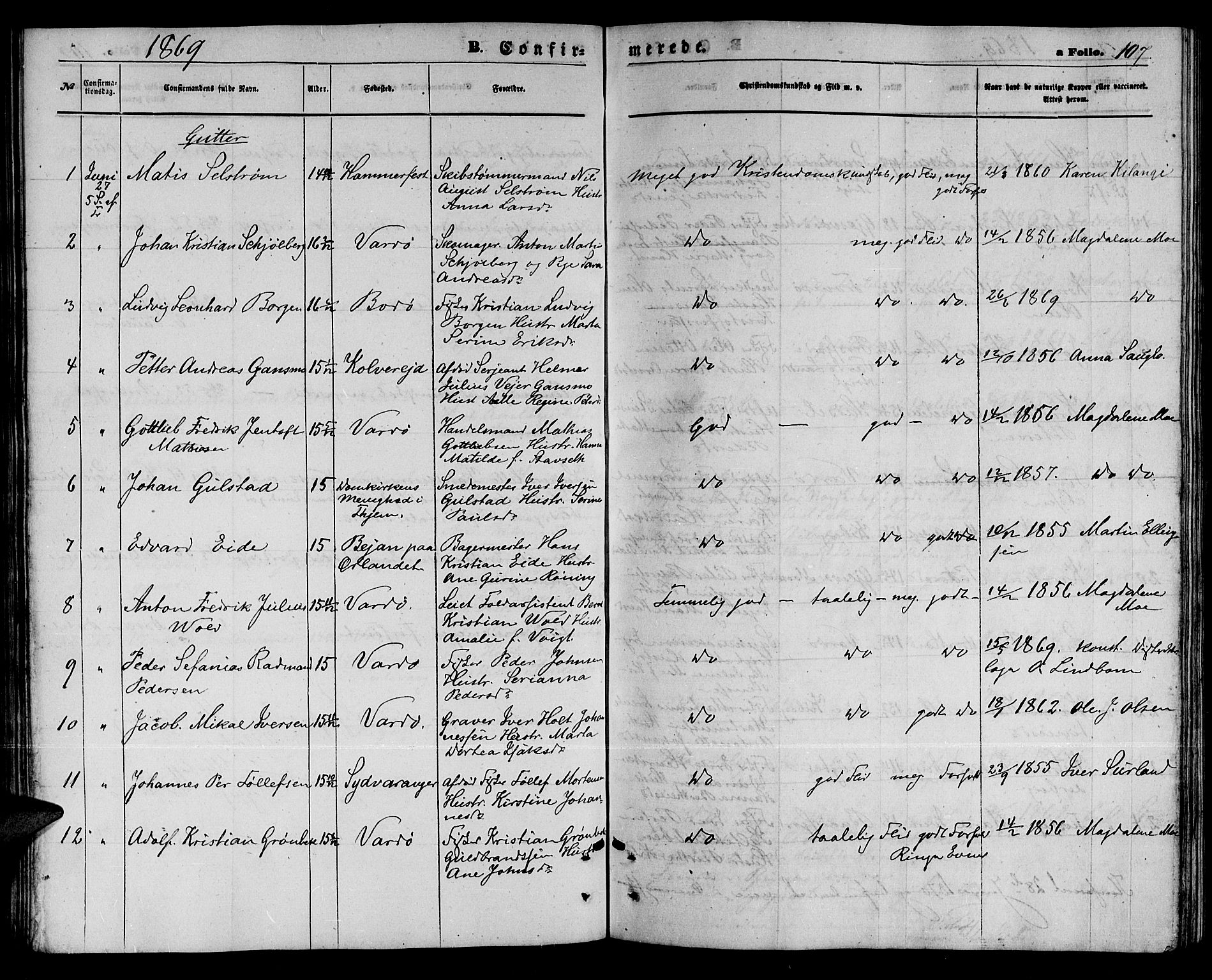 Vardø sokneprestkontor, SATØ/S-1332/H/Hb/L0002klokker: Parish register (copy) no. 2, 1861-1870, p. 107