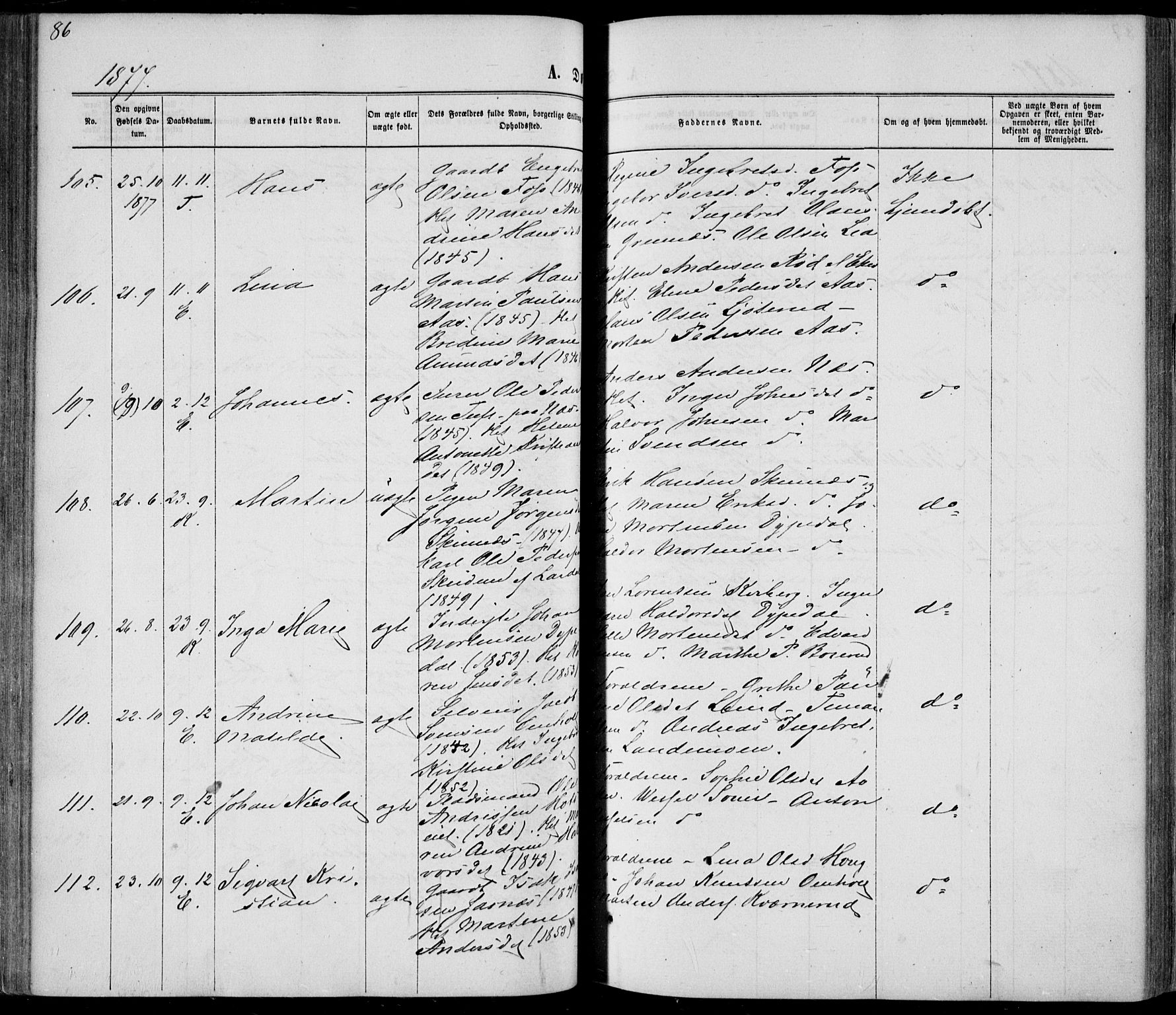 Sandsvær kirkebøker, SAKO/A-244/F/Fa/L0007: Parish register (official) no. I 7, 1869-1877, p. 86