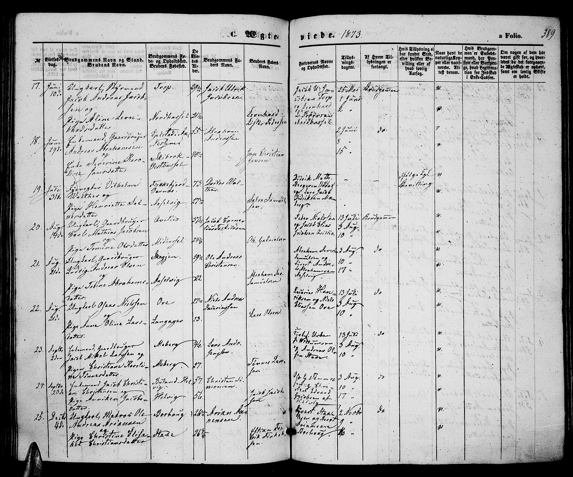 Lista sokneprestkontor, SAK/1111-0027/F/Fb/L0003: Parish register (copy) no. B 3, 1862-1877, p. 389