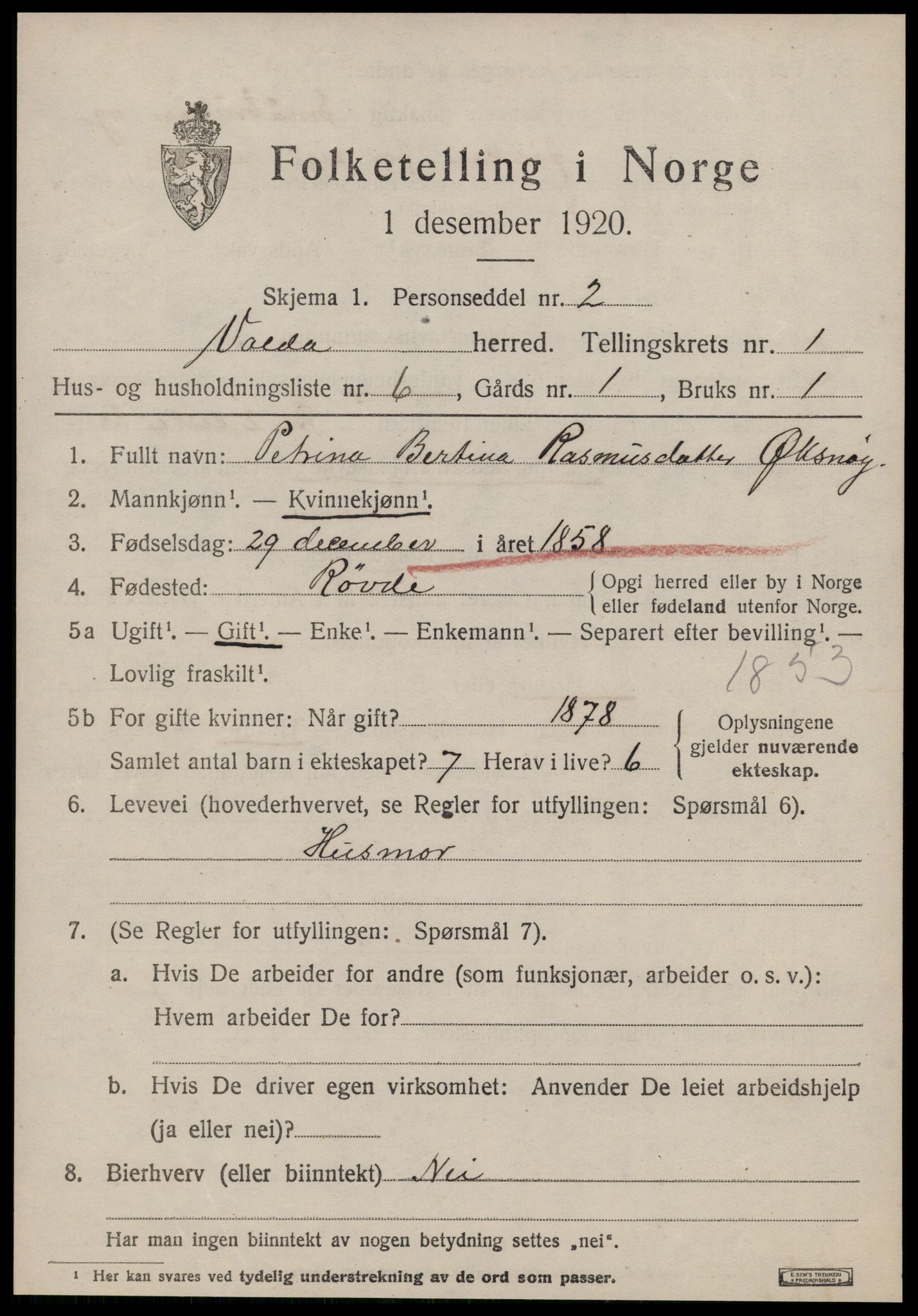 SAT, 1920 census for Volda, 1920, p. 1954