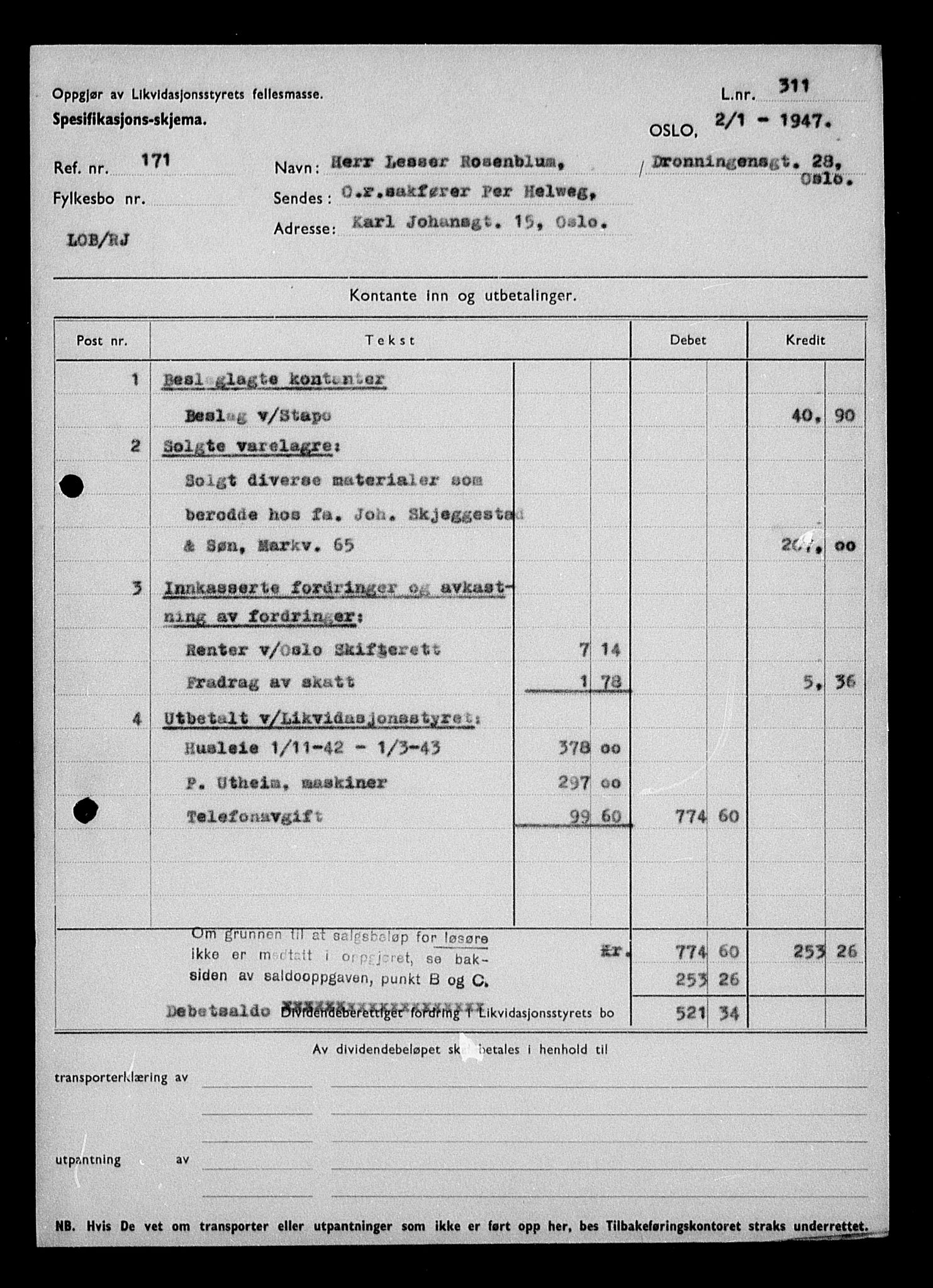 Justisdepartementet, Tilbakeføringskontoret for inndratte formuer, AV/RA-S-1564/H/Hc/Hcc/L0974: --, 1945-1947, p. 3