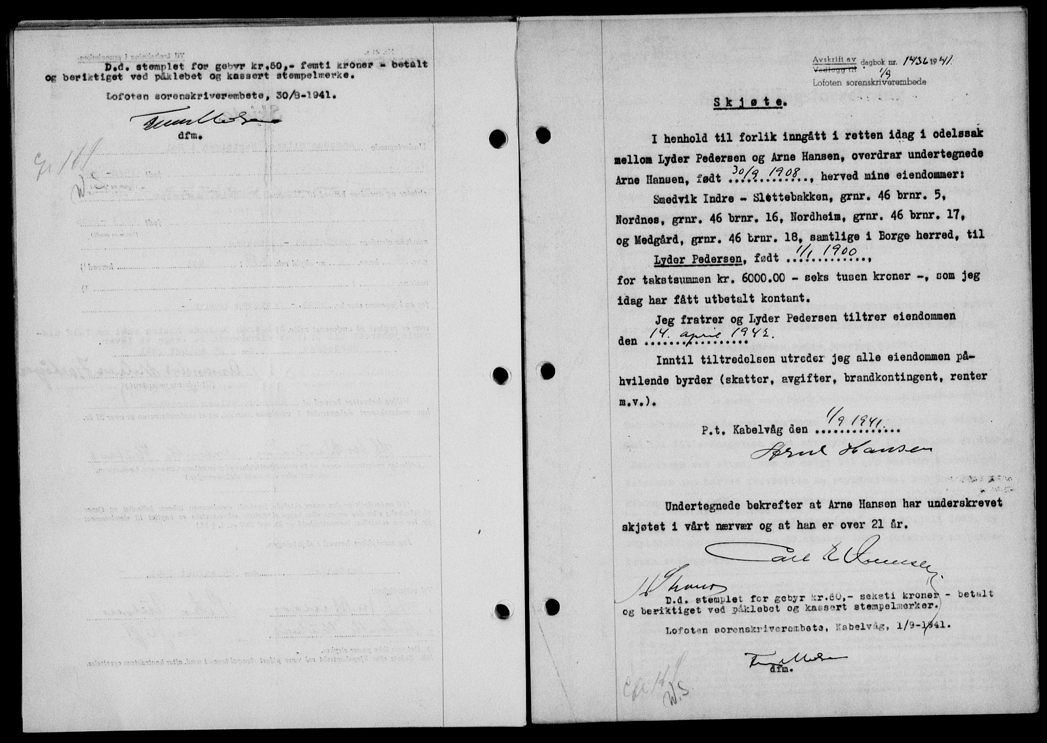Lofoten sorenskriveri, SAT/A-0017/1/2/2C/L0008a: Mortgage book no. 8a, 1940-1941, Diary no: : 1436/1941