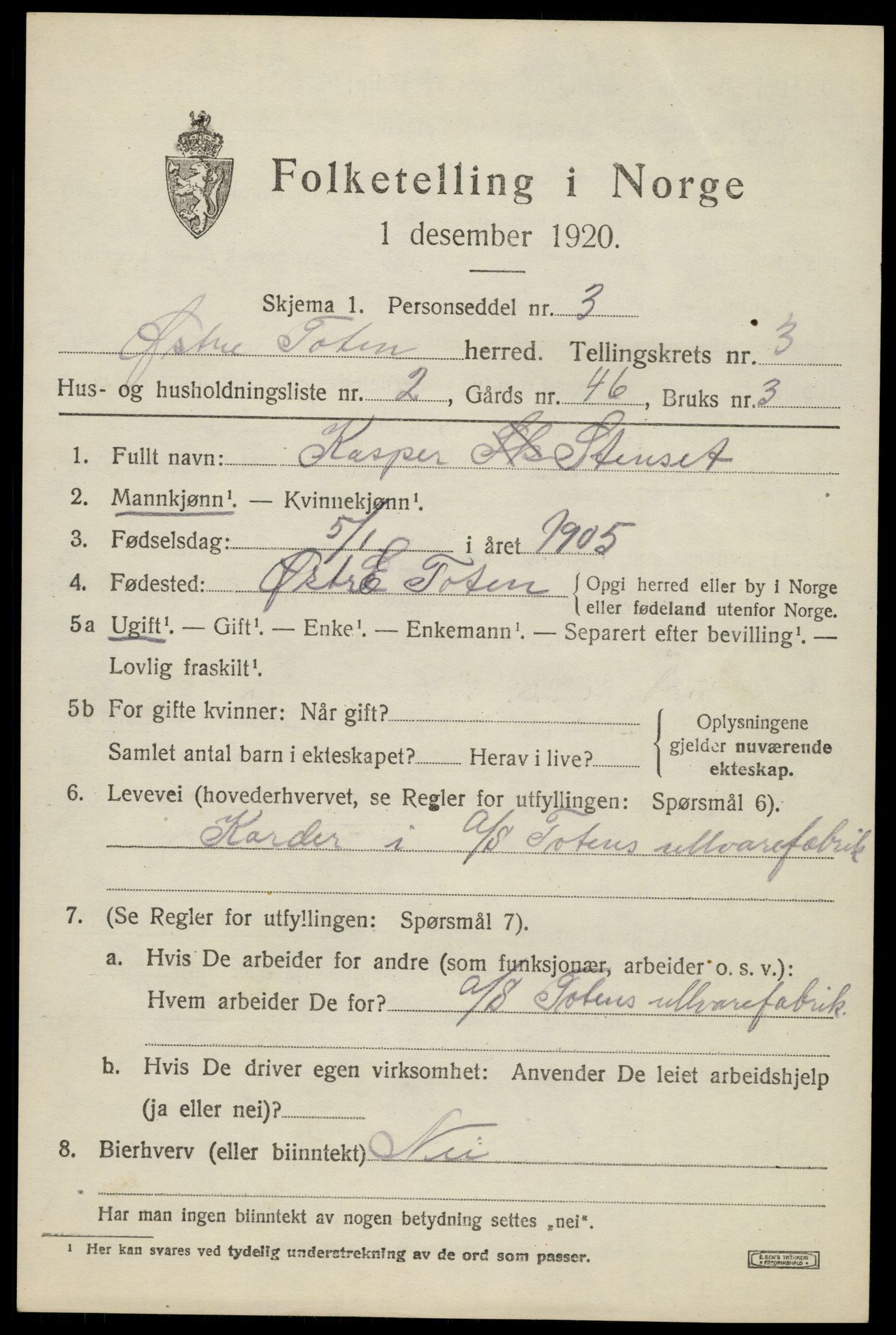 SAH, 1920 census for Østre Toten, 1920, p. 6114