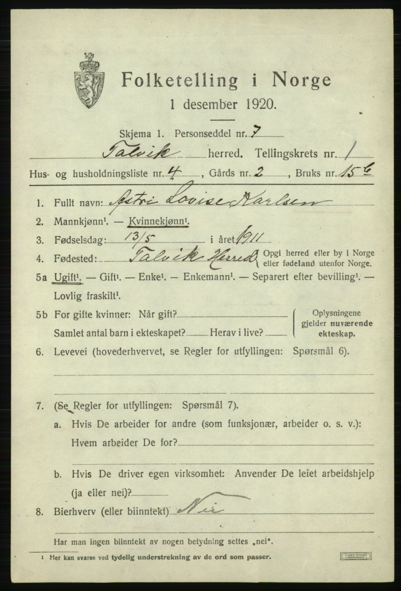SATØ, 1920 census for Talvik, 1920, p. 1054