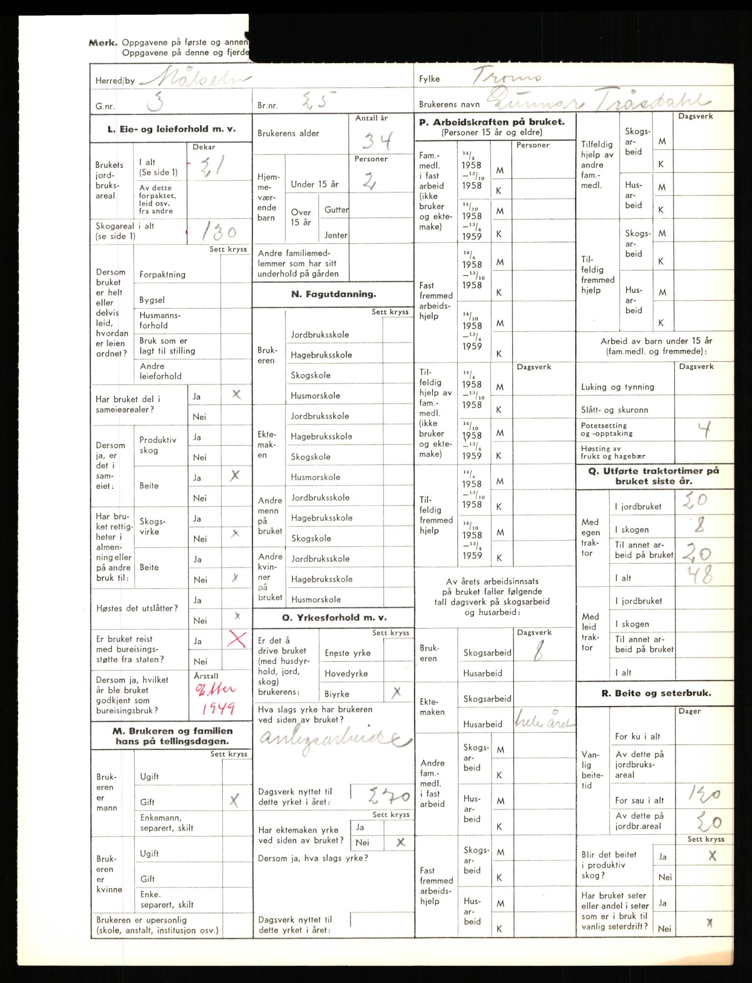 Statistisk sentralbyrå, Næringsøkonomiske emner, Jordbruk, skogbruk, jakt, fiske og fangst, AV/RA-S-2234/G/Gd/L0655: Troms: 1924 Målselv (kl. 4-10), 1959, p. 1237