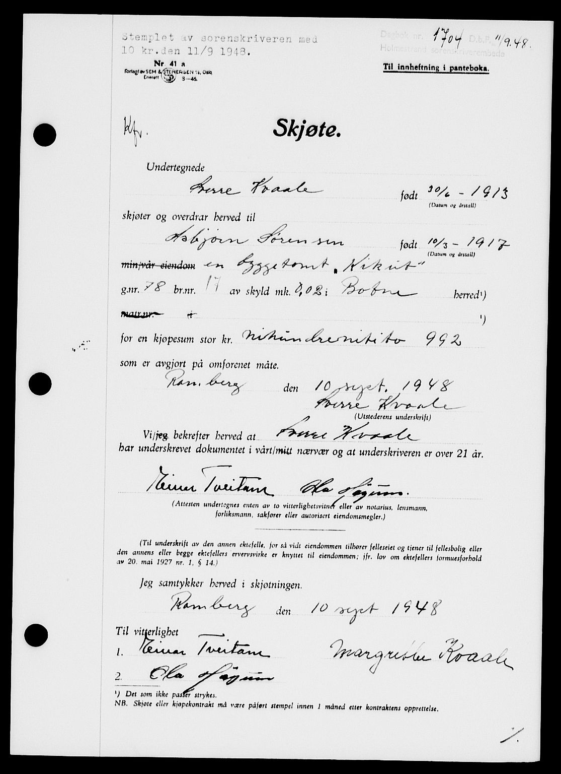 Holmestrand sorenskriveri, AV/SAKO-A-67/G/Ga/Gaa/L0064: Mortgage book no. A-64, 1948-1948, Diary no: : 1704/1948