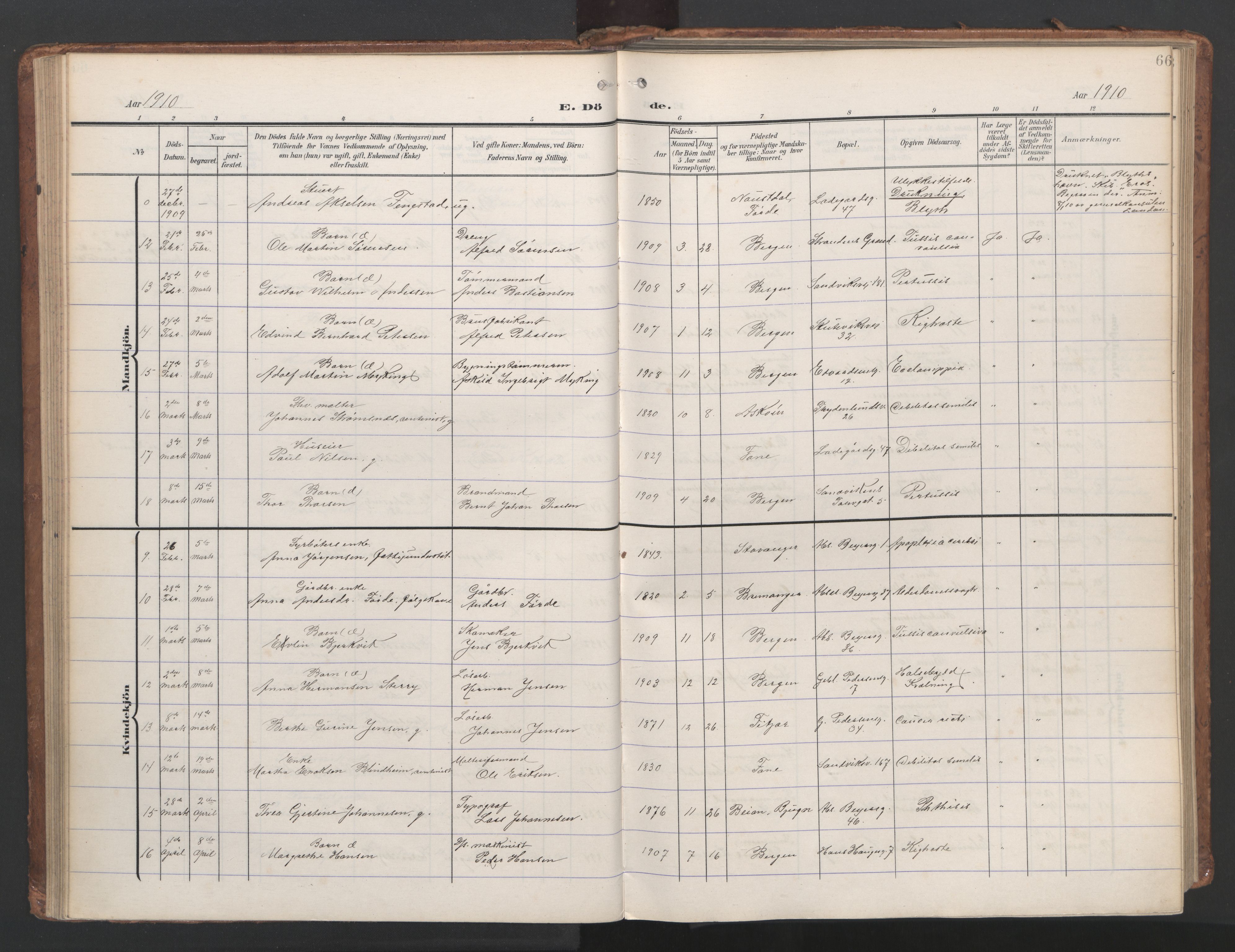 Sandviken Sokneprestembete, AV/SAB-A-77601/H/Ha/L0019: Parish register (official) no. E 2, 1905-1933, p. 66