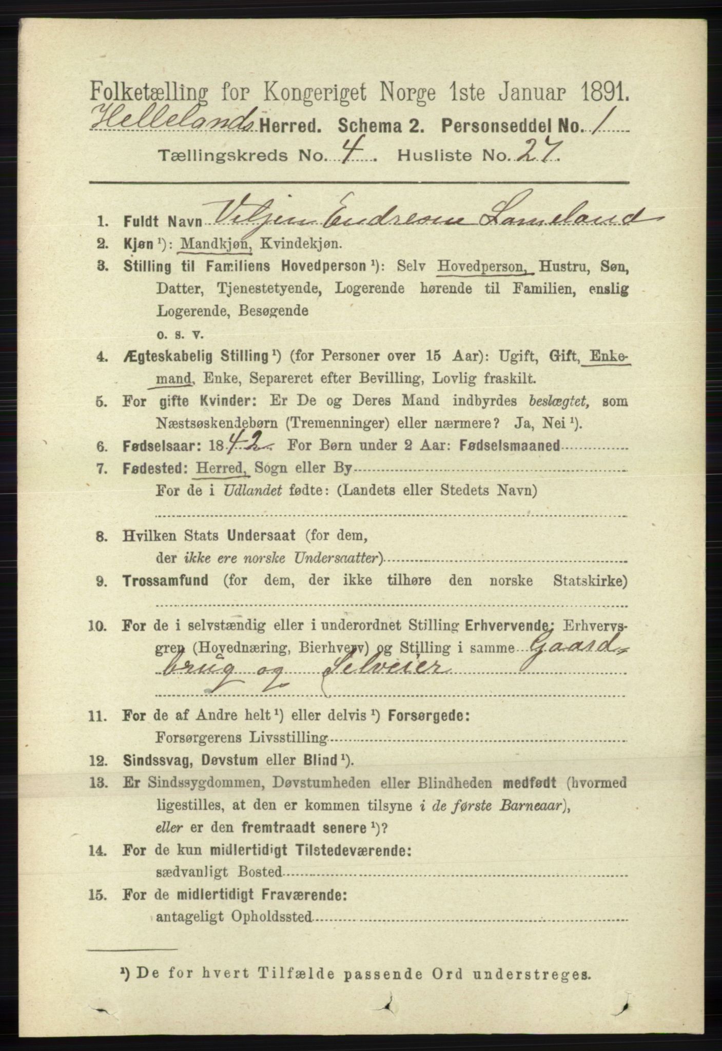 RA, 1891 census for 1115 Helleland, 1891, p. 1321