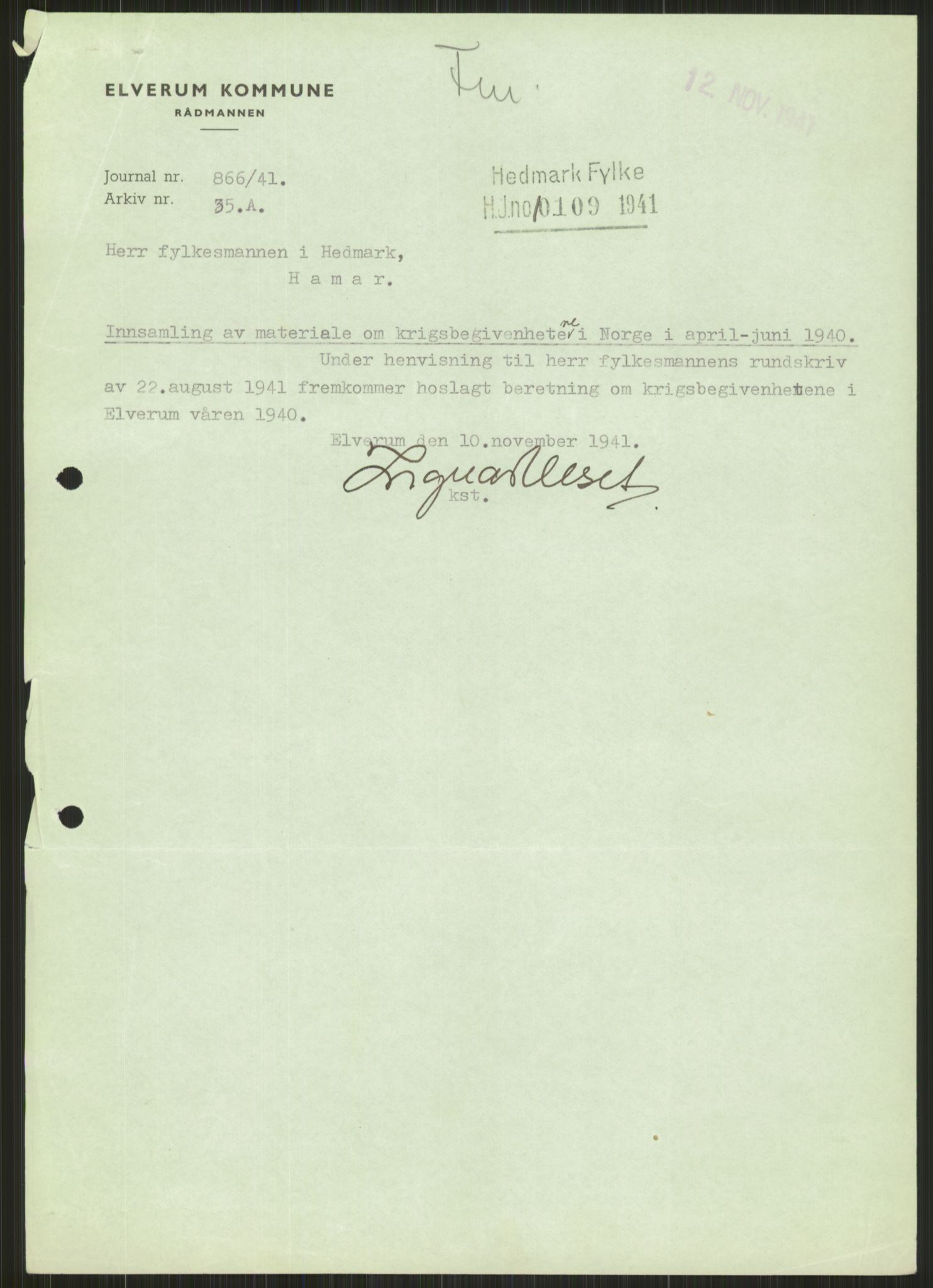 Forsvaret, Forsvarets krigshistoriske avdeling, RA/RAFA-2017/Y/Ya/L0013: II-C-11-31 - Fylkesmenn.  Rapporter om krigsbegivenhetene 1940., 1940, p. 860