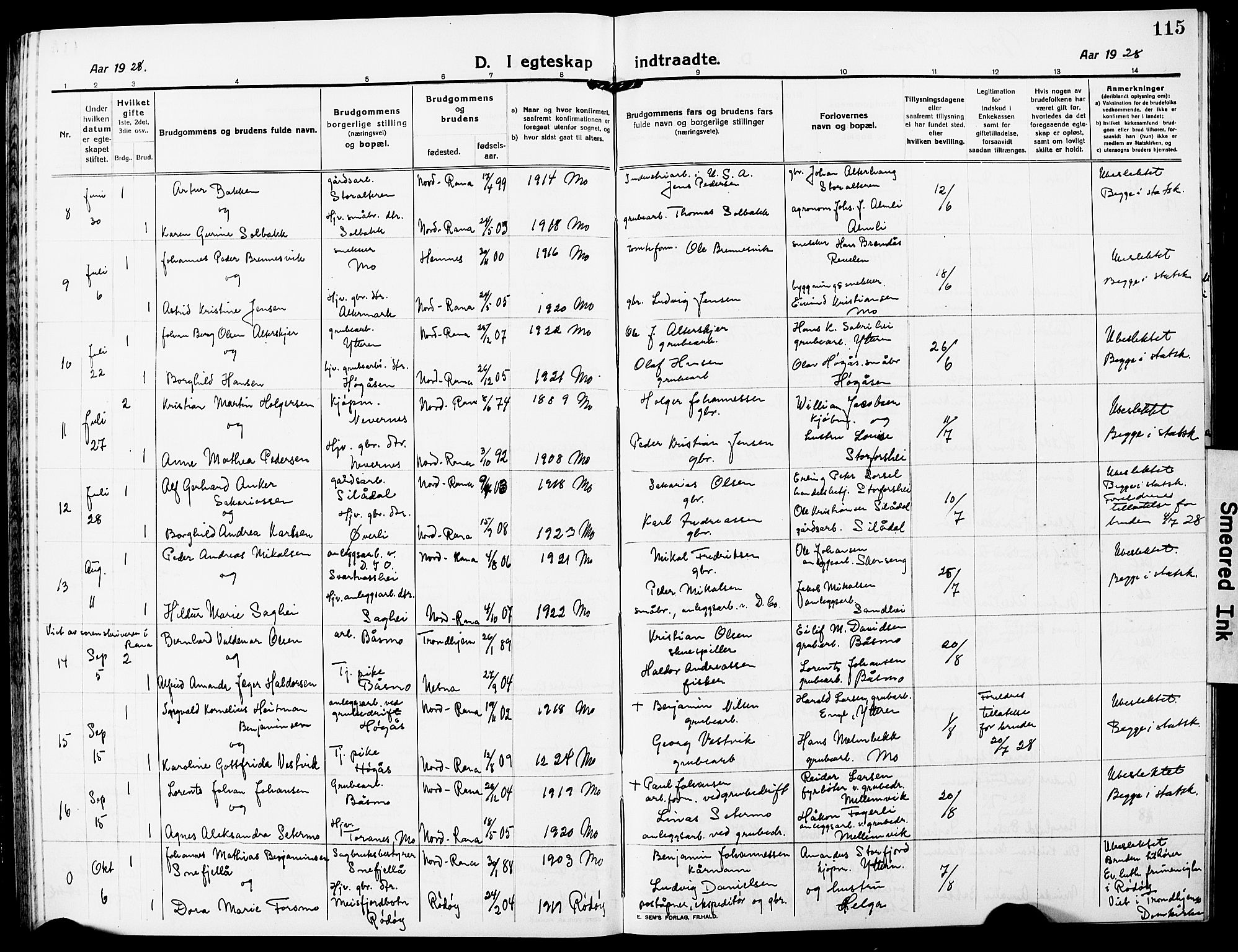 Ministerialprotokoller, klokkerbøker og fødselsregistre - Nordland, AV/SAT-A-1459/827/L0424: Parish register (copy) no. 827C13, 1921-1930, p. 115