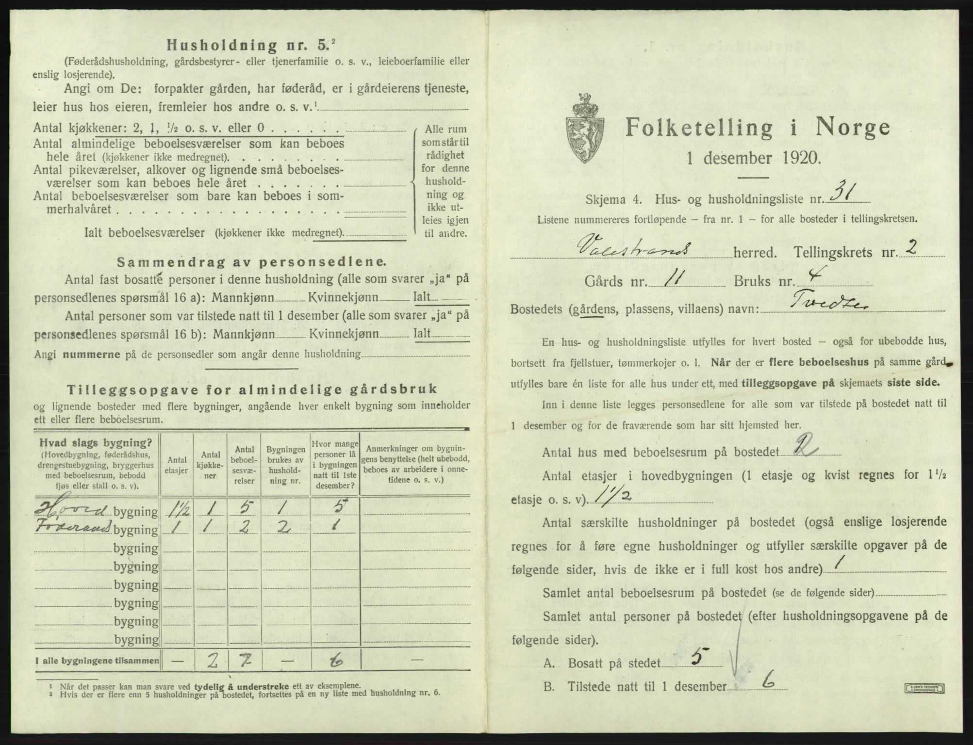 SAB, 1920 census for Valestrand, 1920, p. 147