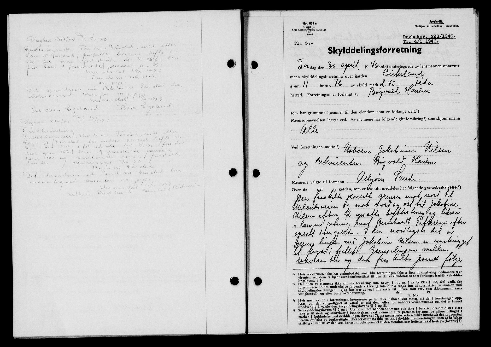 Flekkefjord sorenskriveri, SAK/1221-0001/G/Gb/Gba/L0060: Mortgage book no. A-8, 1945-1946, Diary no: : 293/1946