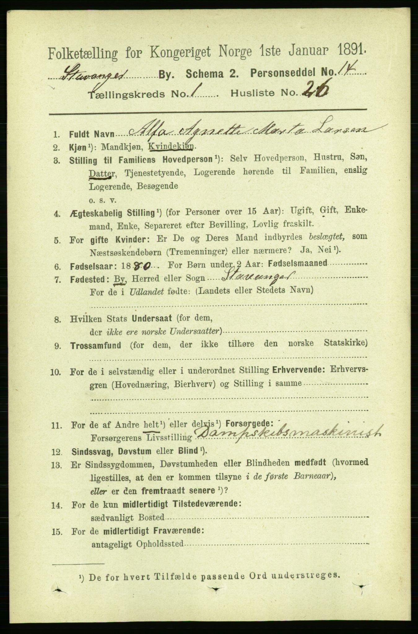 RA, 1891 census for 1103 Stavanger, 1891, p. 5350