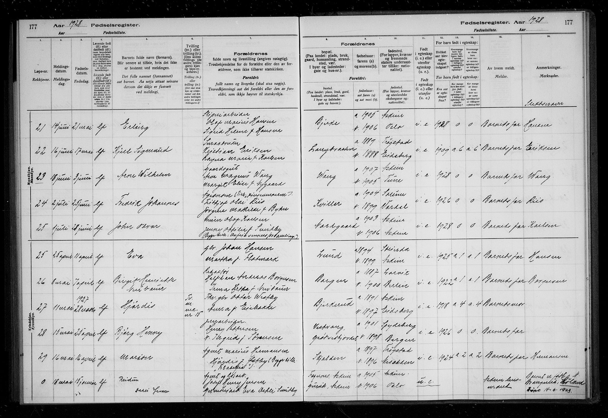 Askim prestekontor Kirkebøker, AV/SAO-A-10900/J/Ja/L0001: Birth register no. 1, 1916-1929, p. 177