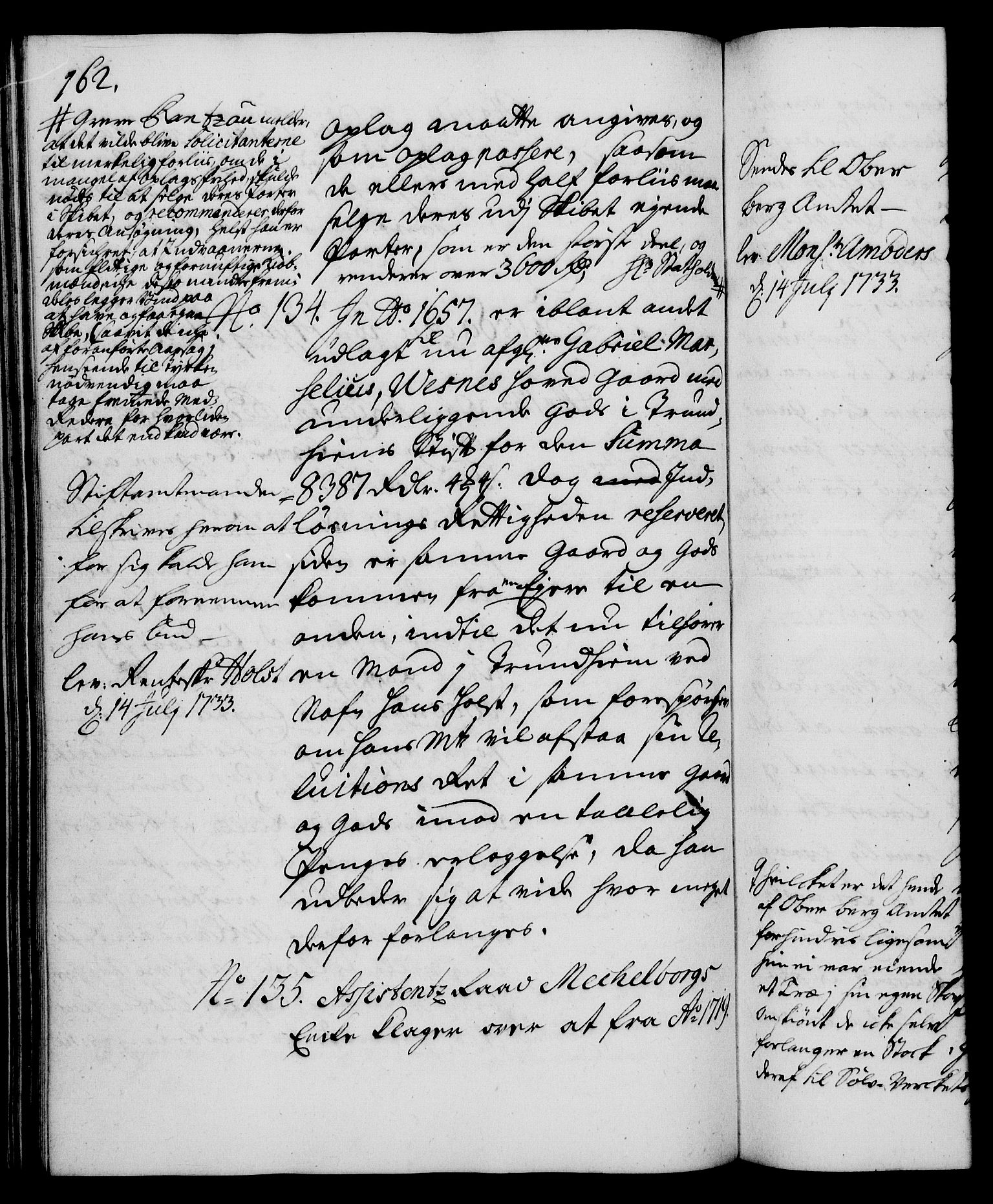 Rentekammeret, Kammerkanselliet, RA/EA-3111/G/Gh/Gha/L0015: Norsk ekstraktmemorialprotokoll (merket RK 53.60), 1733, p. 162