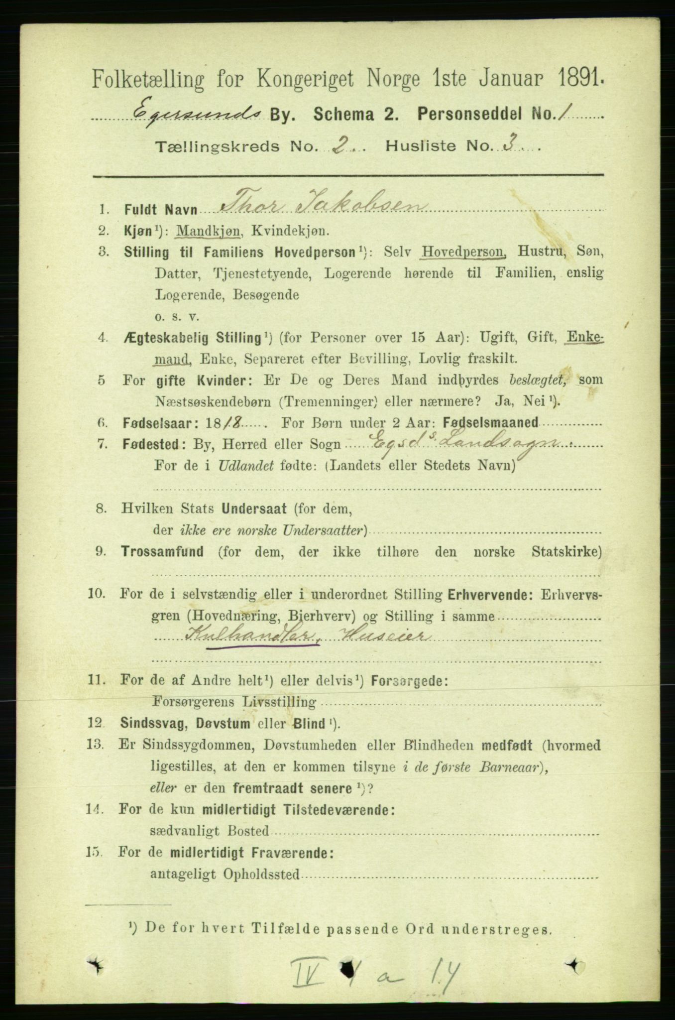RA, 1891 census for 1101 Egersund, 1891, p. 244