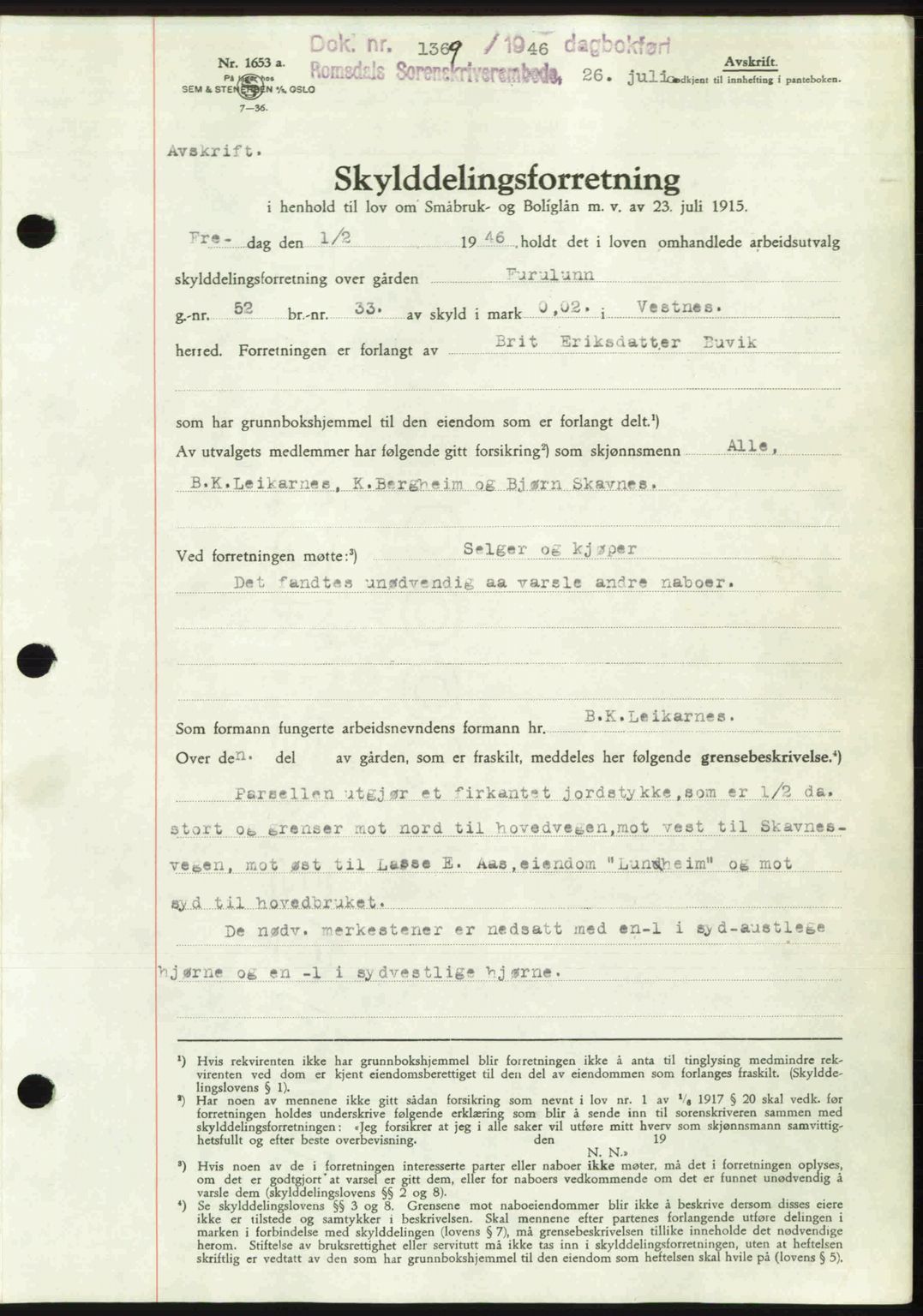 Romsdal sorenskriveri, AV/SAT-A-4149/1/2/2C: Mortgage book no. A20, 1946-1946, Diary no: : 1369/1946