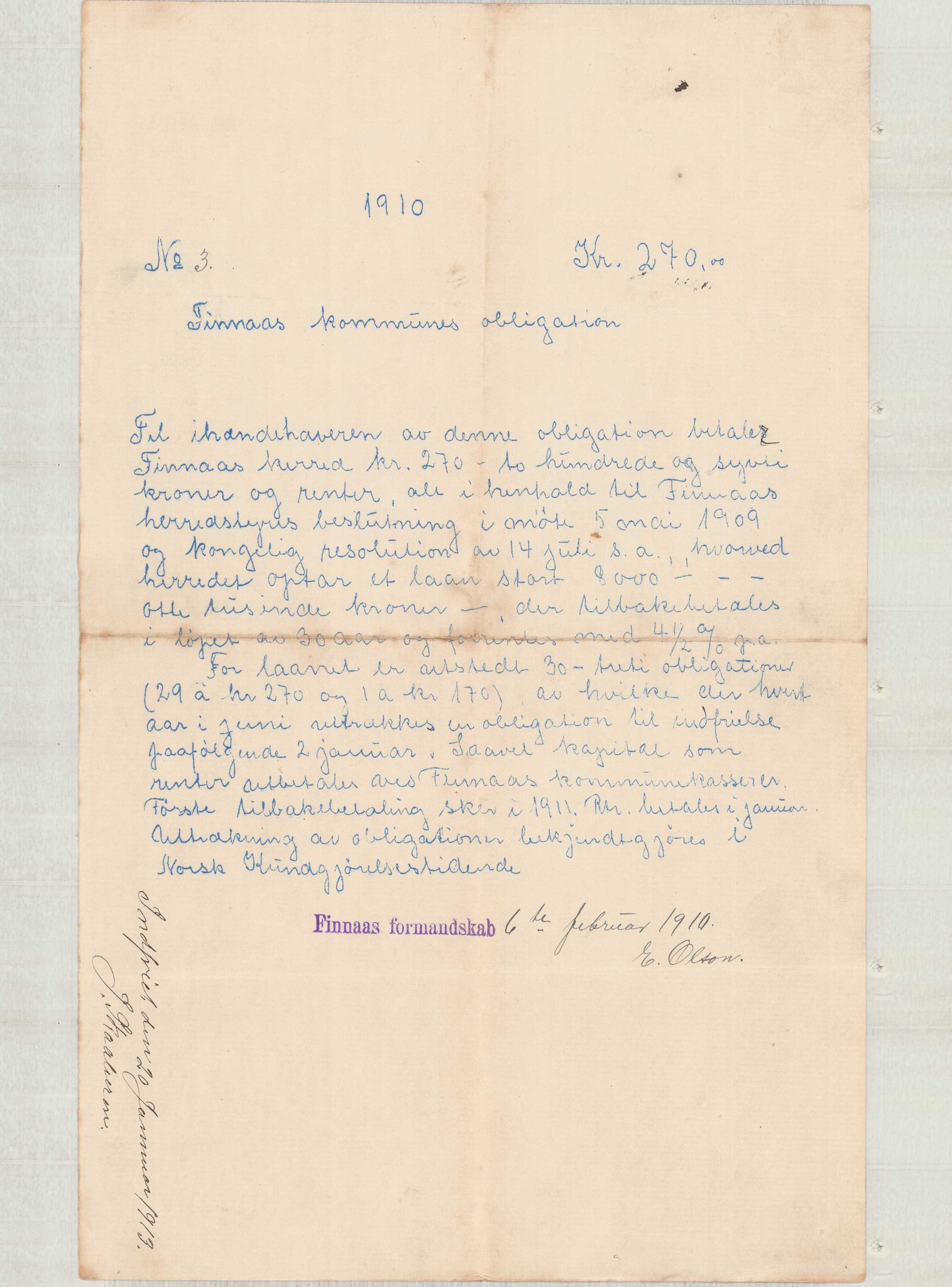 Finnaas kommune. Formannskapet, IKAH/1218a-021/D/Da/L0001/0011: Korrespondanse / saker / Kronologisk ordna korrespondanse , 1908-1912, p. 10