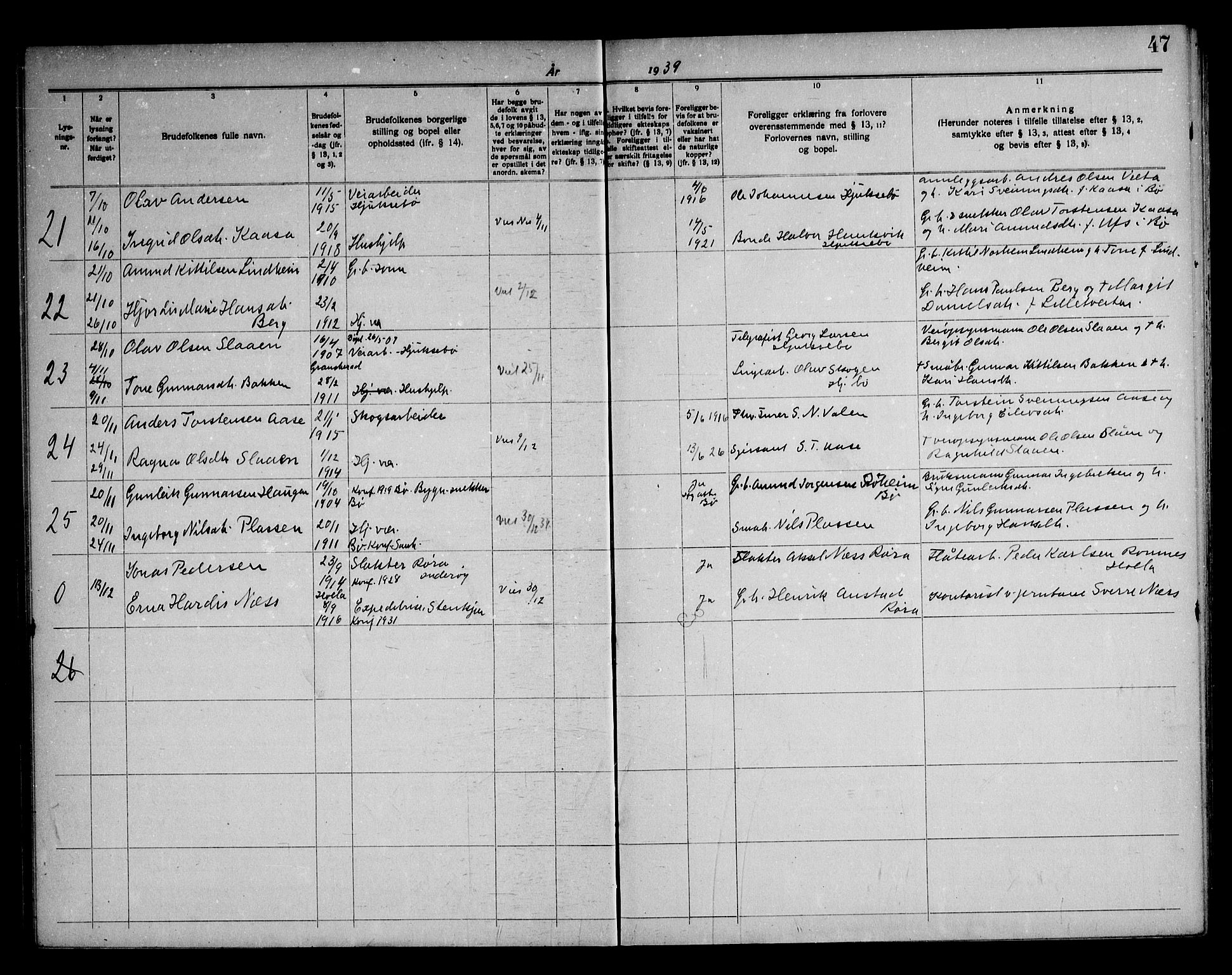 Sauherad kirkebøker, AV/SAKO-A-298/H/Ha/L0001: Banns register no. 1, 1919-1960, p. 47