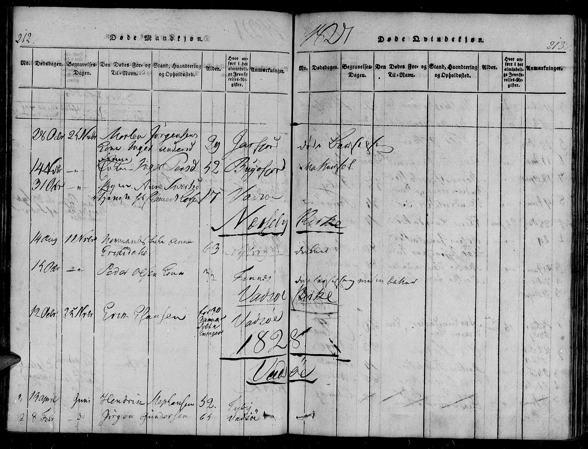 Vadsø sokneprestkontor, AV/SATØ-S-1325/H/Ha/L0003kirke: Parish register (official) no. 3 /1, 1821-1839, p. 212-213