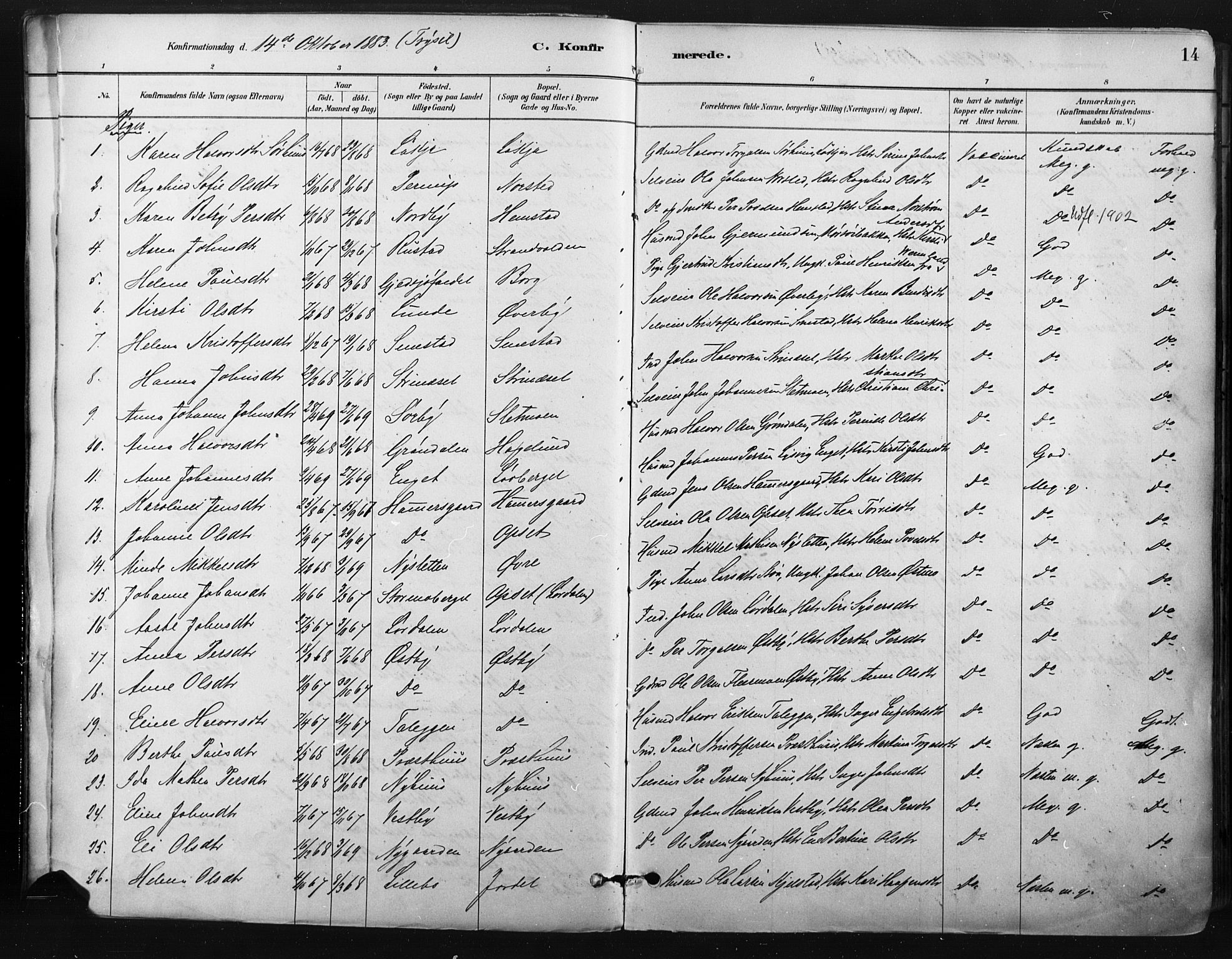 Trysil prestekontor, AV/SAH-PREST-046/H/Ha/Haa/L0009: Parish register (official) no. 9, 1881-1897, p. 14