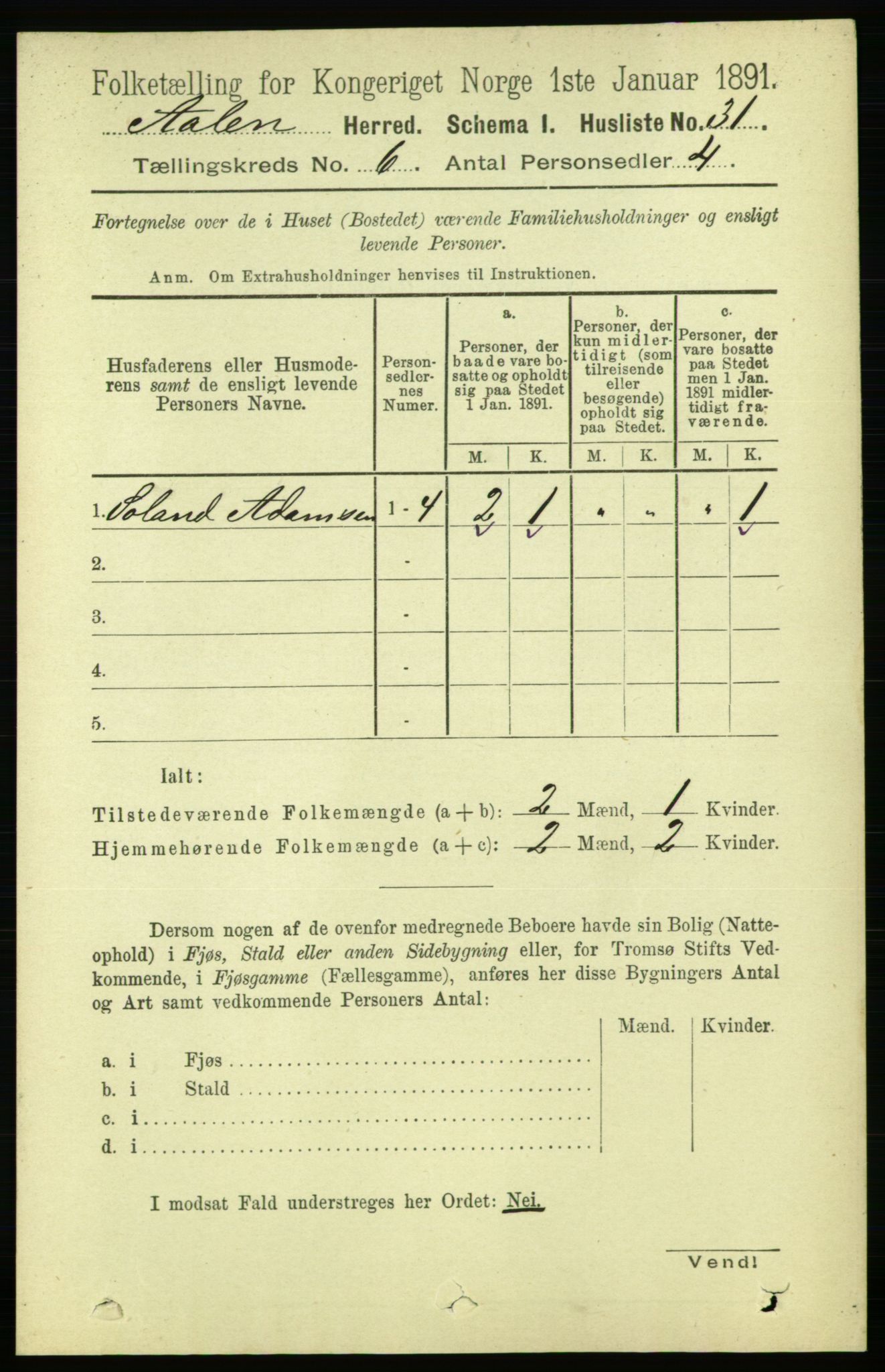 RA, 1891 census for 1644 Ålen, 1891, p. 1913