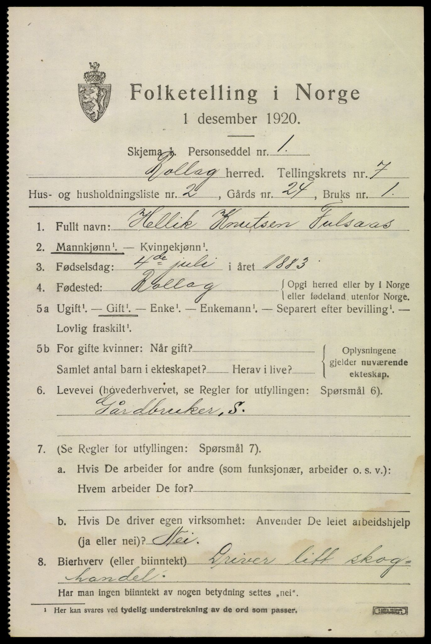 SAKO, 1920 census for Rollag, 1920, p. 2500