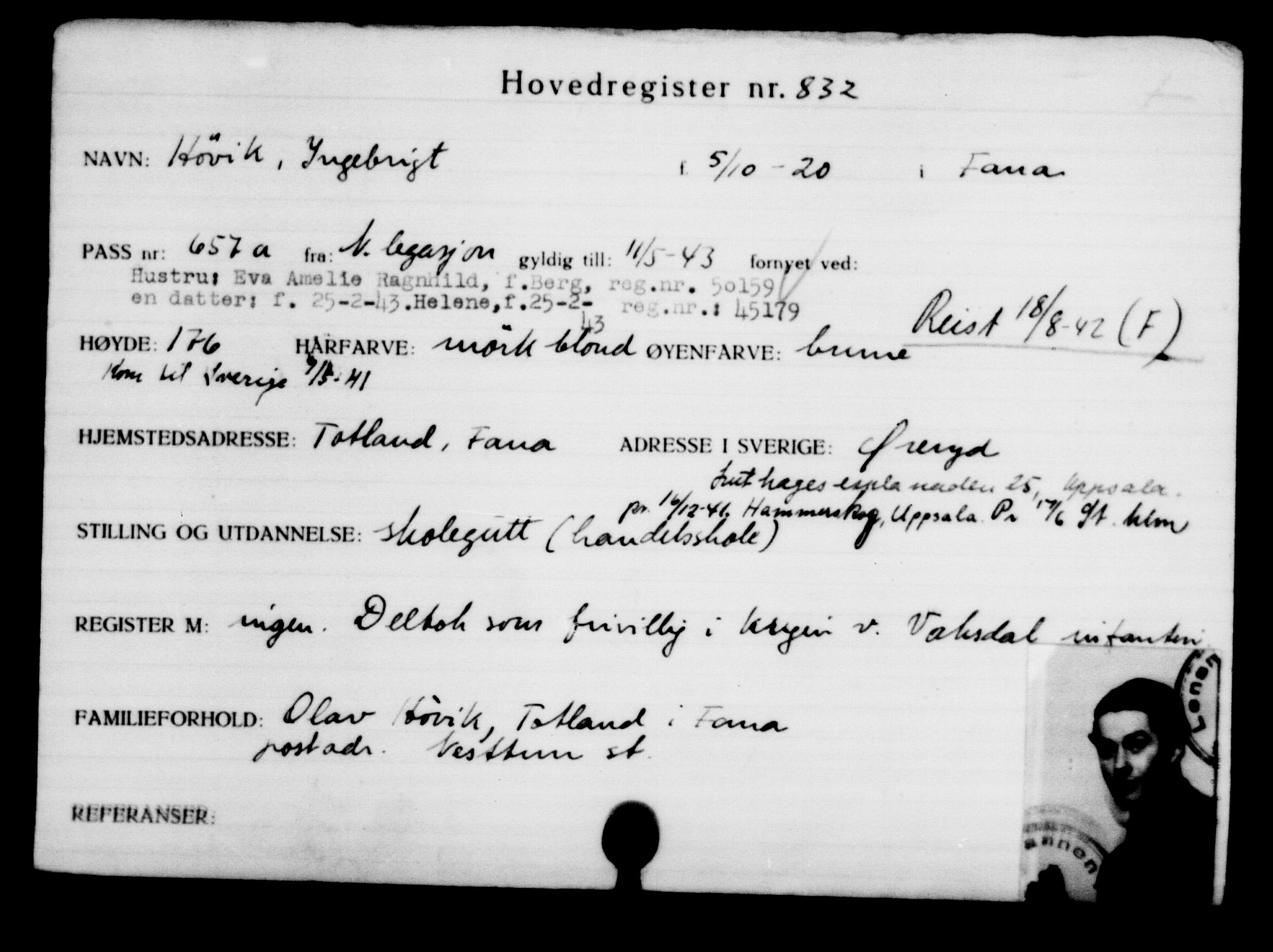 Utenriksstasjonene, Legasjonen i Stockholm, Flyktningkontoret, AV/RA-S-6753/V/Va/L0001: Kjesäterkartoteket, flyktninger med registreringsnr. 1-1000, 1940-1945, p. 1321