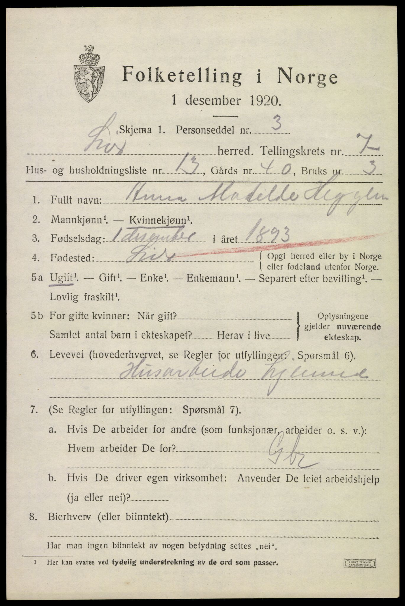 SAKO, 1920 census for Lier, 1920, p. 12672