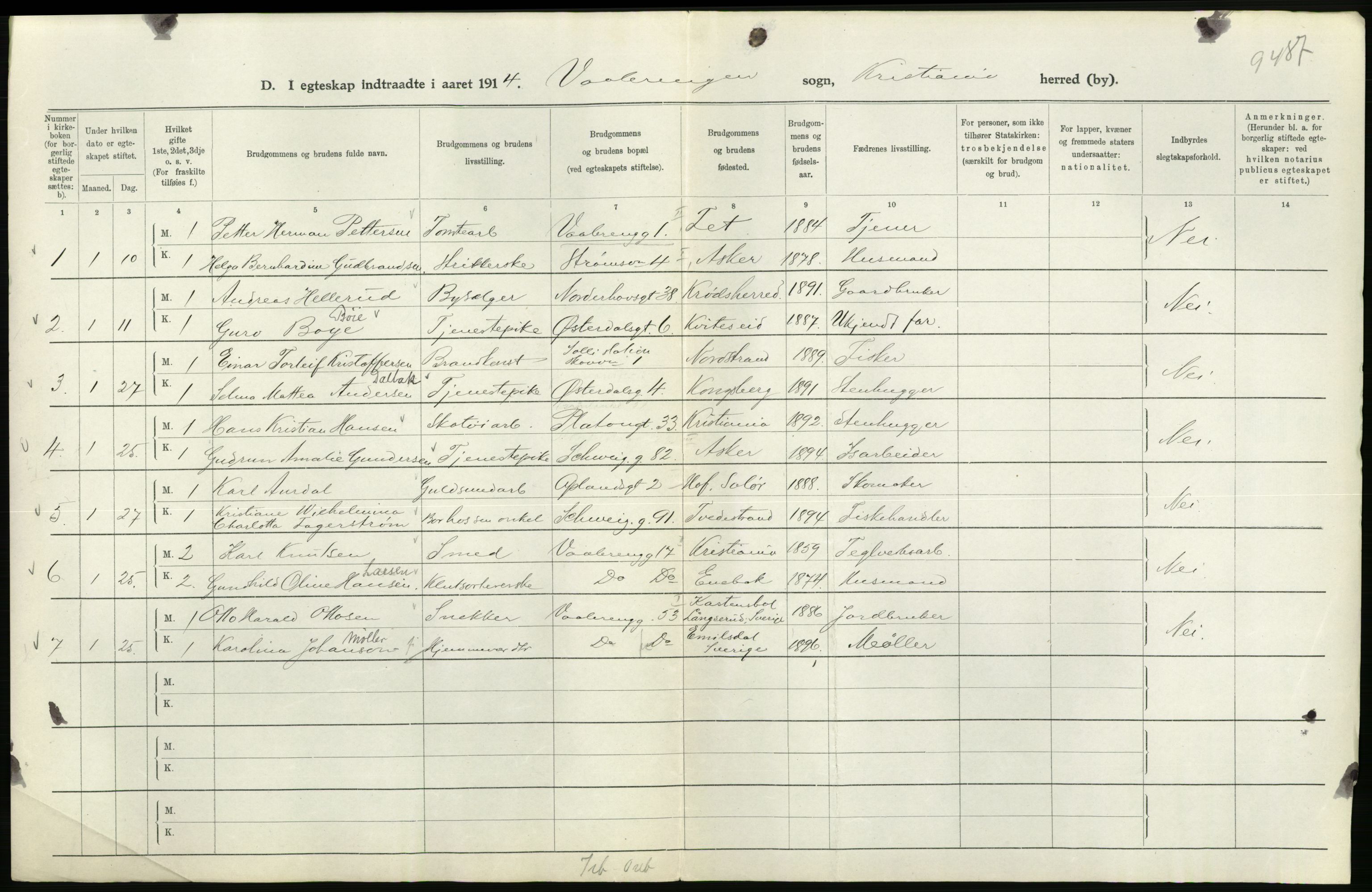 Statistisk sentralbyrå, Sosiodemografiske emner, Befolkning, RA/S-2228/D/Df/Dfb/Dfbd/L0007: Kristiania: Gifte, 1914, p. 332