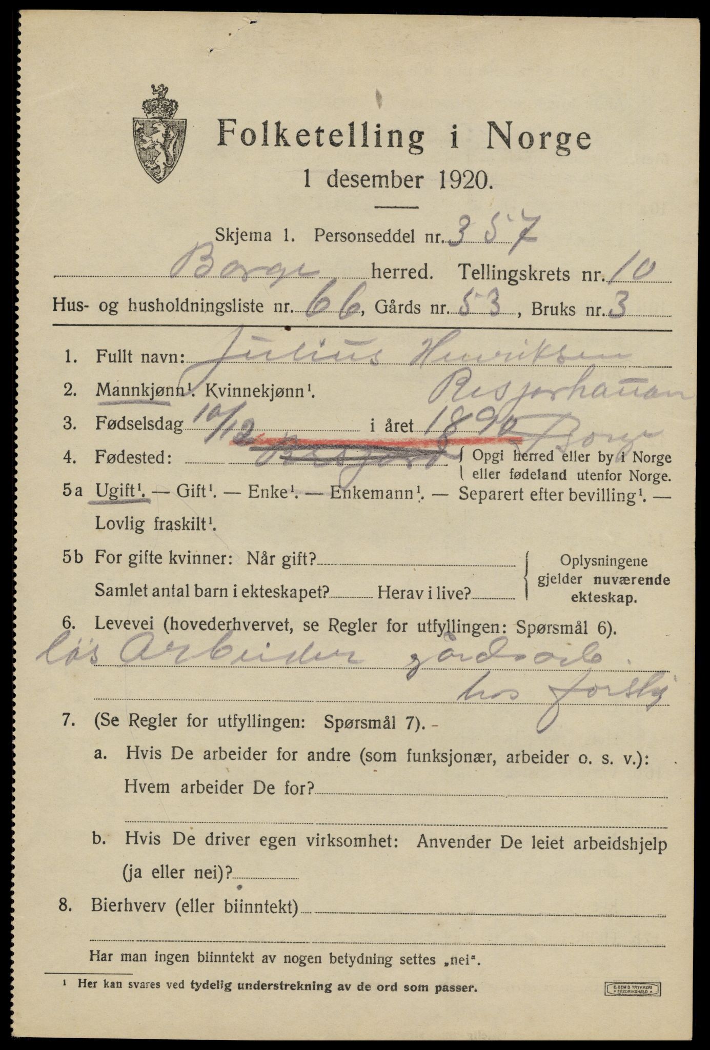 SAT, 1920 census for Borge, 1920, p. 9413