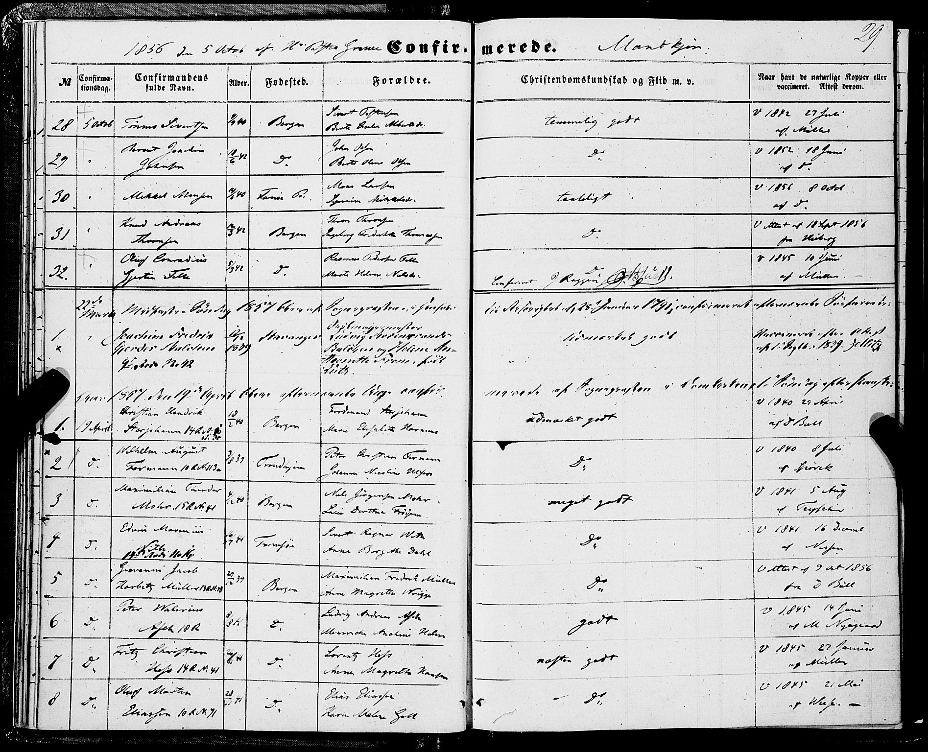 Domkirken sokneprestembete, SAB/A-74801/H/Haa/L0028: Parish register (official) no. C 3, 1852-1864, p. 29