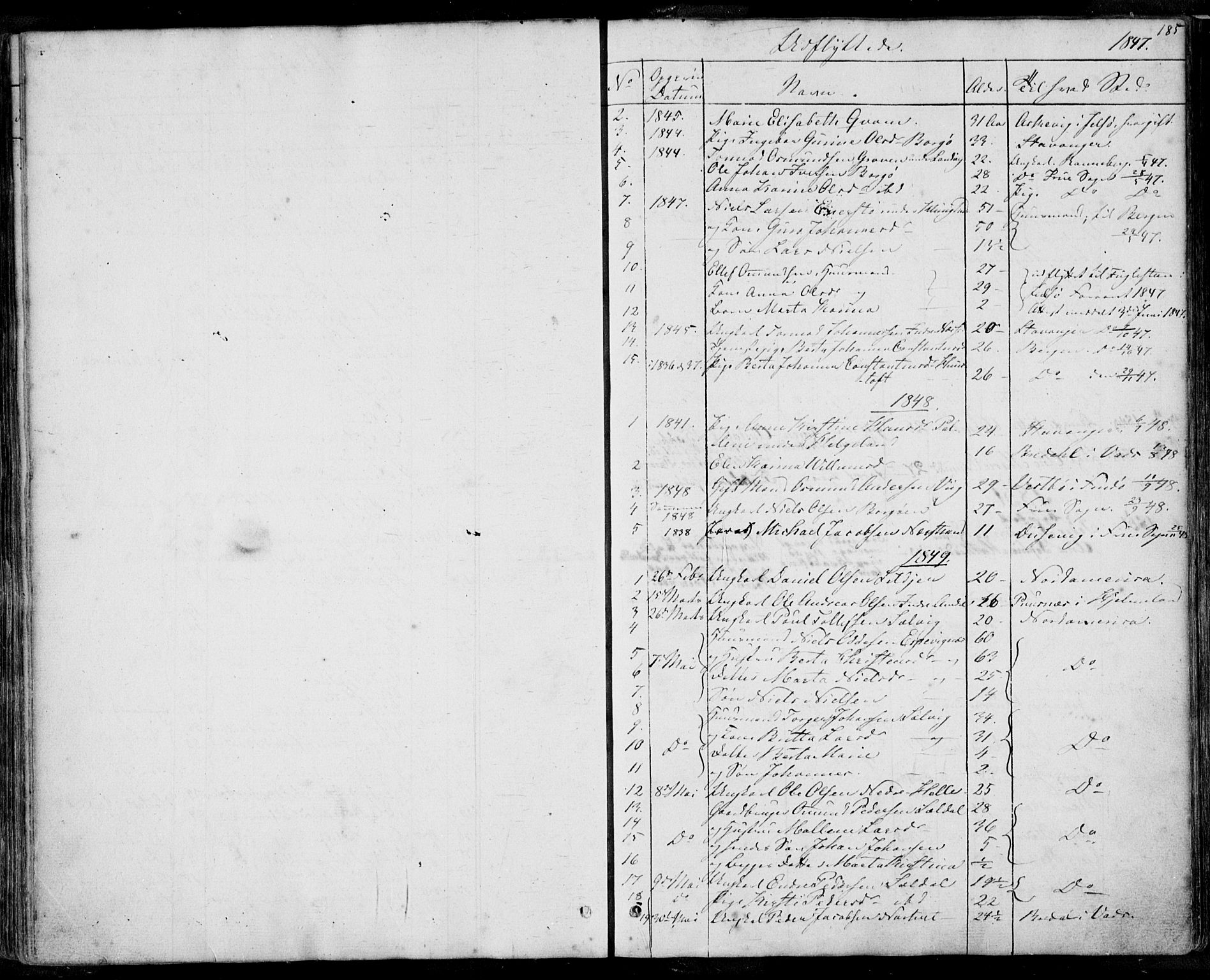 Nedstrand sokneprestkontor, SAST/A-101841/01/IV: Parish register (official) no. A 8, 1839-1860, p. 185