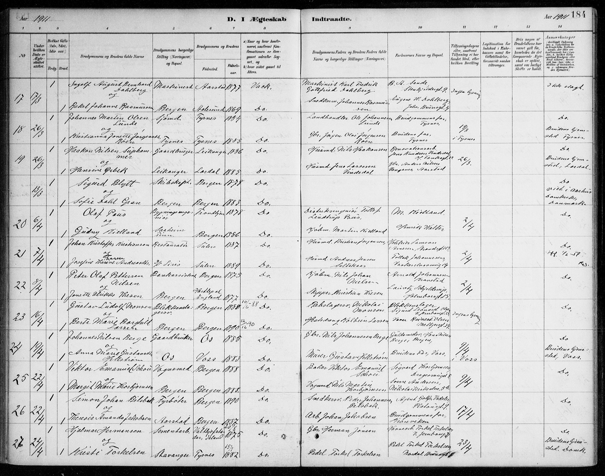 Johanneskirken sokneprestembete, AV/SAB-A-76001/H/Haa/L0012: Parish register (official) no. D 1, 1885-1912, p. 184