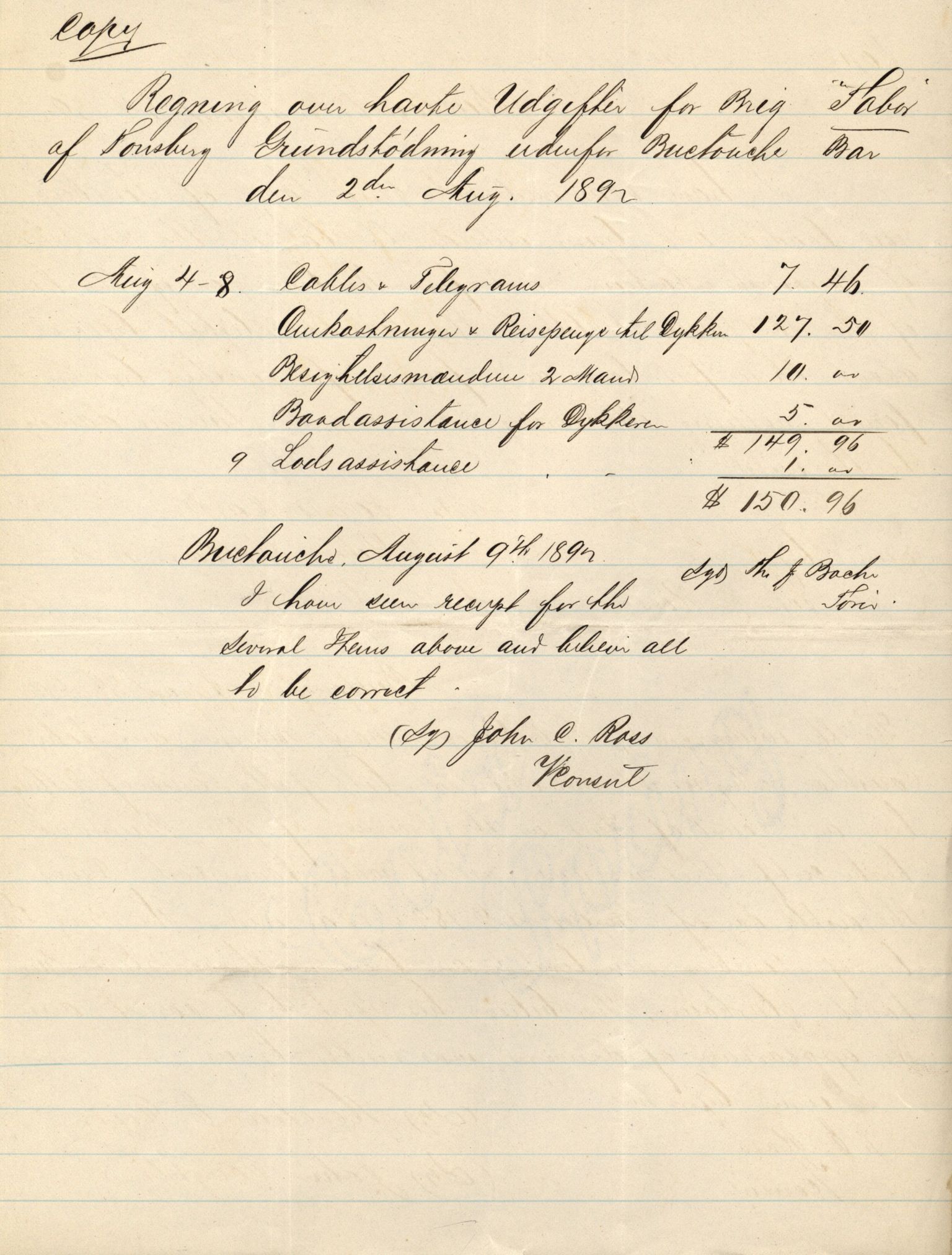 Pa 63 - Østlandske skibsassuranceforening, VEMU/A-1079/G/Ga/L0028/0002: Havaridokumenter / Marie, Favorit, Tabor, Sylphiden, Berthel, America, 1892, p. 44