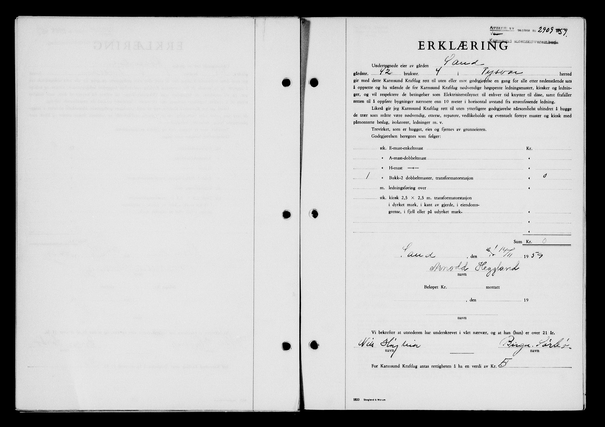 Karmsund sorenskriveri, AV/SAST-A-100311/01/II/IIB/L0132: Mortgage book no. 112A, 1959-1959, Diary no: : 2909/1959