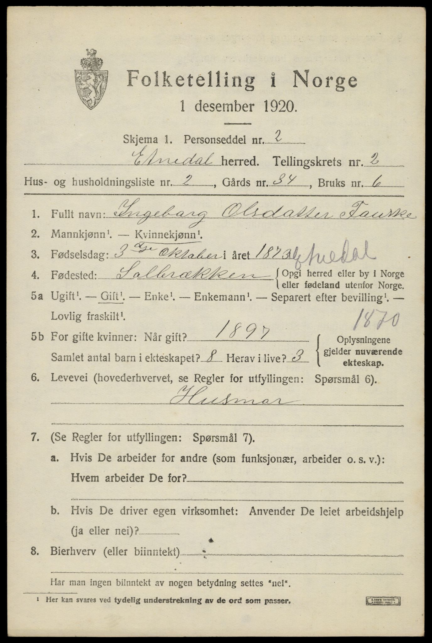 SAH, 1920 census for Etnedal, 1920, p. 1052