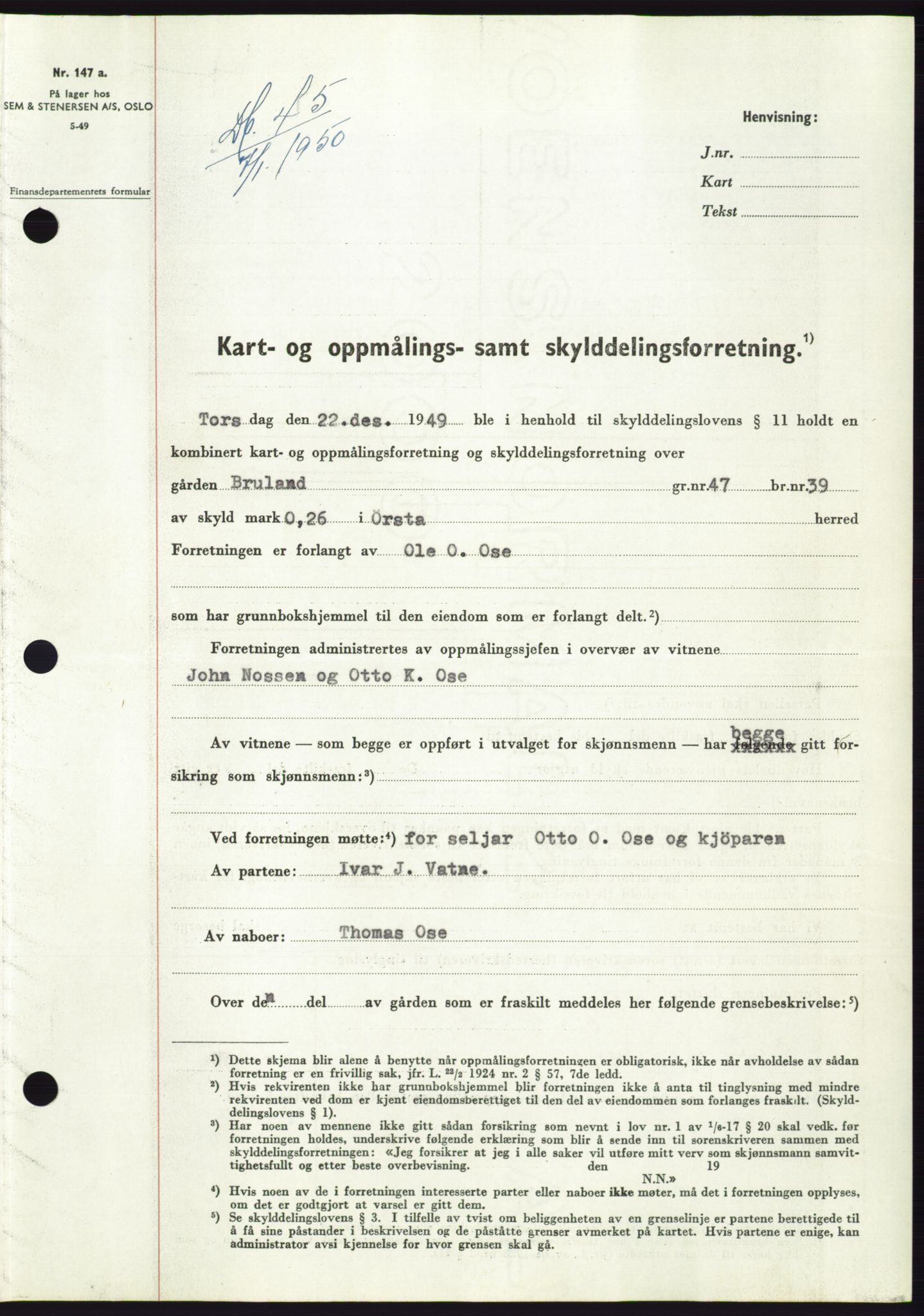 Søre Sunnmøre sorenskriveri, AV/SAT-A-4122/1/2/2C/L0086: Mortgage book no. 12A, 1949-1950, Diary no: : 45/1950