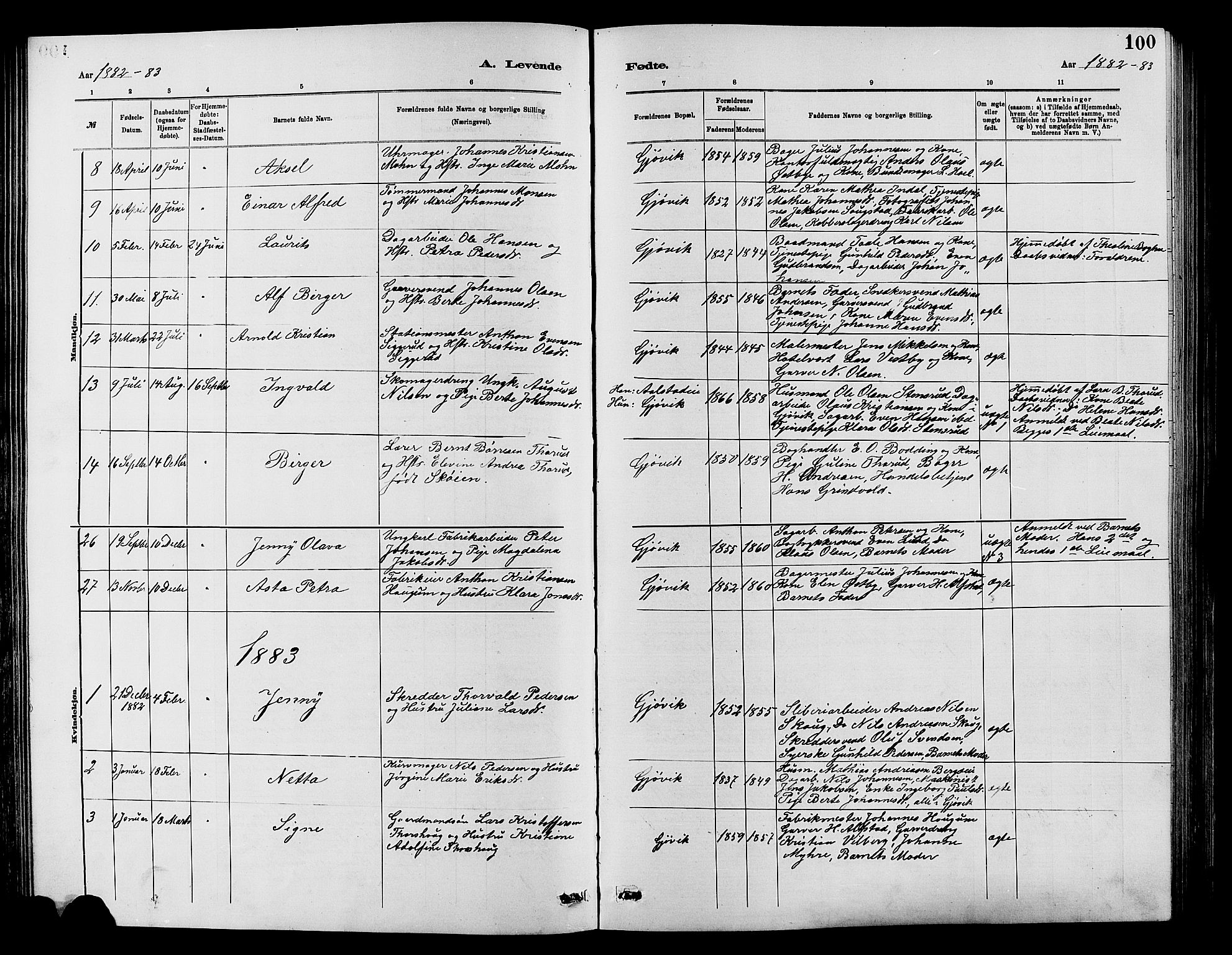 Vardal prestekontor, AV/SAH-PREST-100/H/Ha/Hab/L0007: Parish register (copy) no. 7 /2, 1881-1895, p. 100