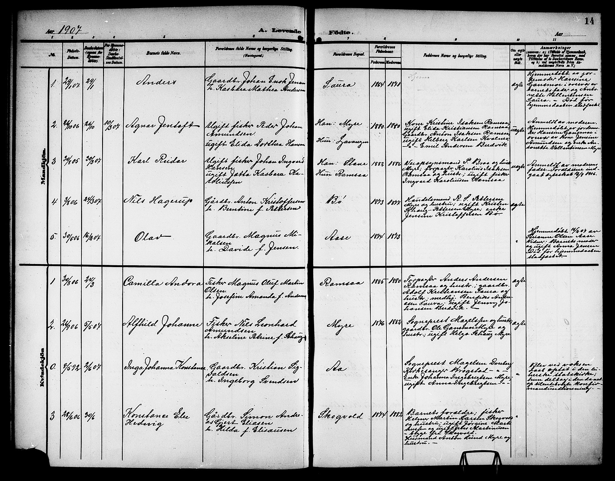 Ministerialprotokoller, klokkerbøker og fødselsregistre - Nordland, SAT/A-1459/897/L1414: Parish register (copy) no. 897C04, 1904-1915, p. 14