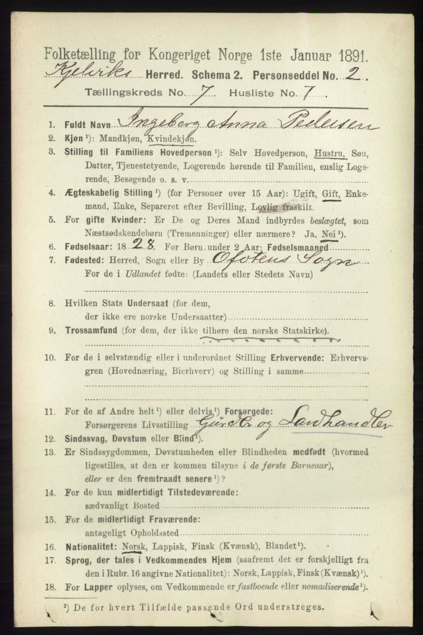 RA, 1891 census for 2019 Kjelvik, 1891, p. 926