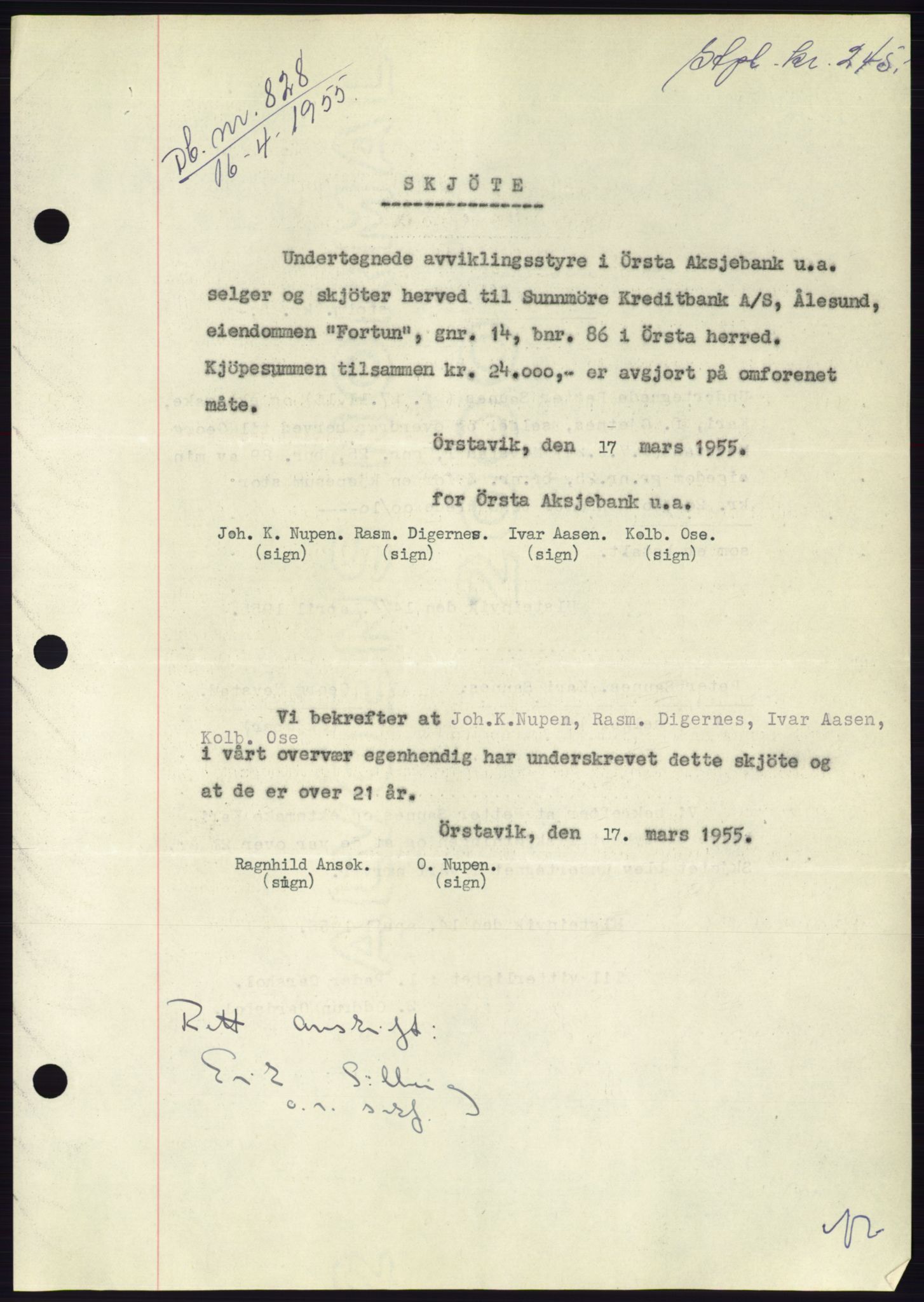 Søre Sunnmøre sorenskriveri, AV/SAT-A-4122/1/2/2C/L0100: Mortgage book no. 26A, 1954-1955, Diary no: : 828/1955