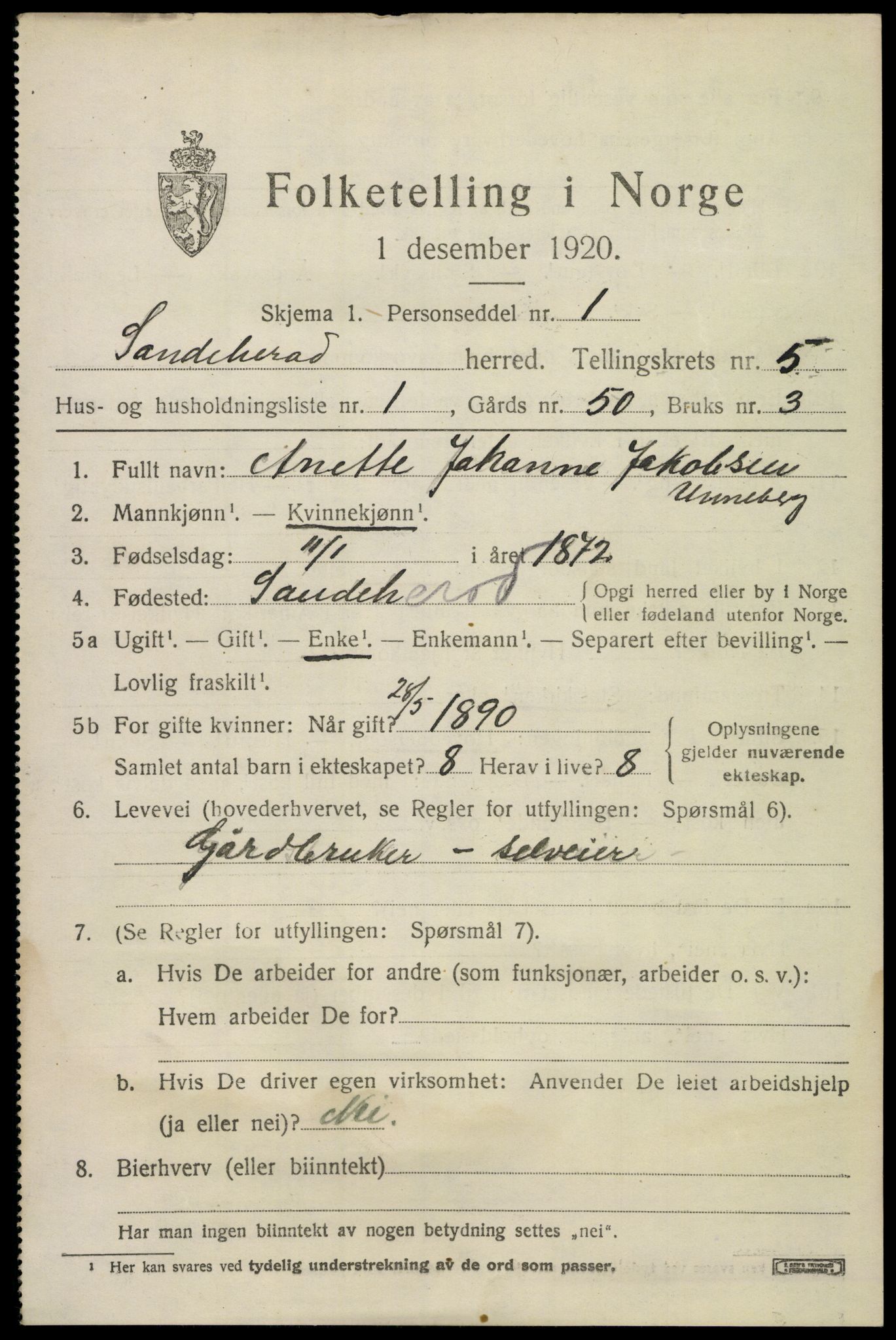 SAKO, 1920 census for Sandeherred, 1920, p. 8050