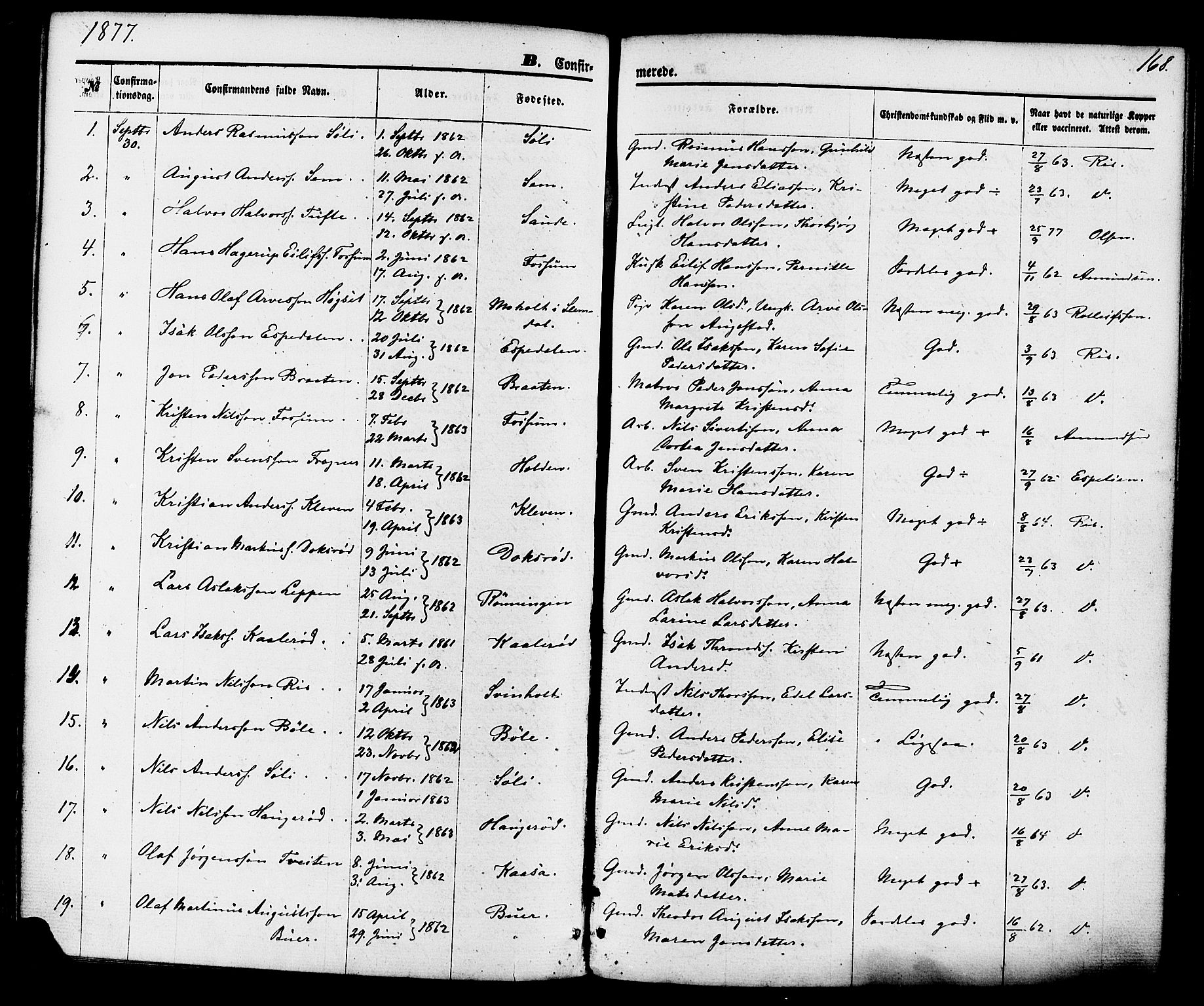 Gjerpen kirkebøker, SAKO/A-265/F/Fa/L0009: Parish register (official) no. I 9, 1872-1885, p. 168