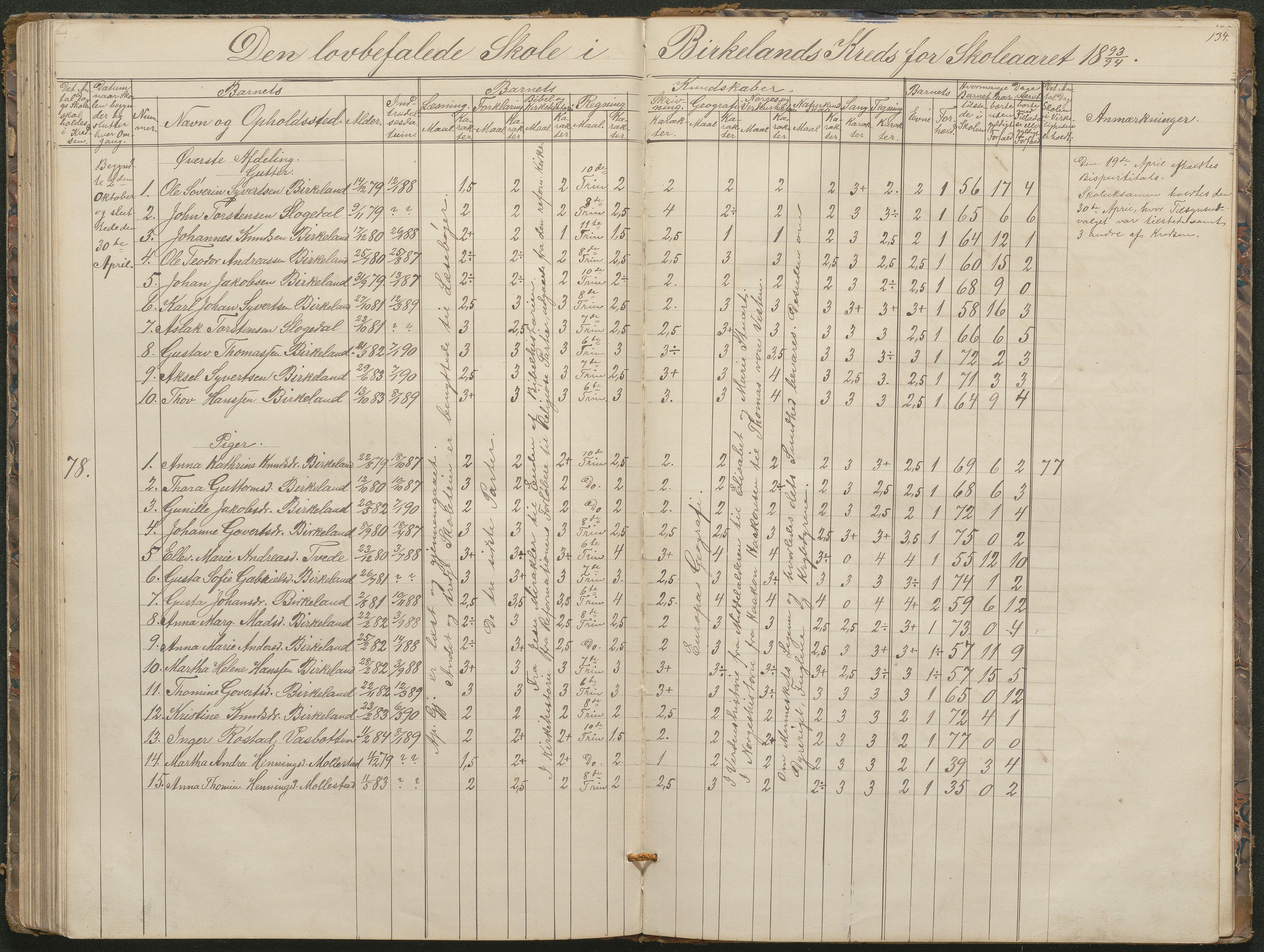 Birkenes kommune, Birkenes krets/Birkeland folkeskole frem til 1991, AAKS/KA0928-550a_91/F02/L0001: Skoleprotokoll, 1862-1896, p. 134