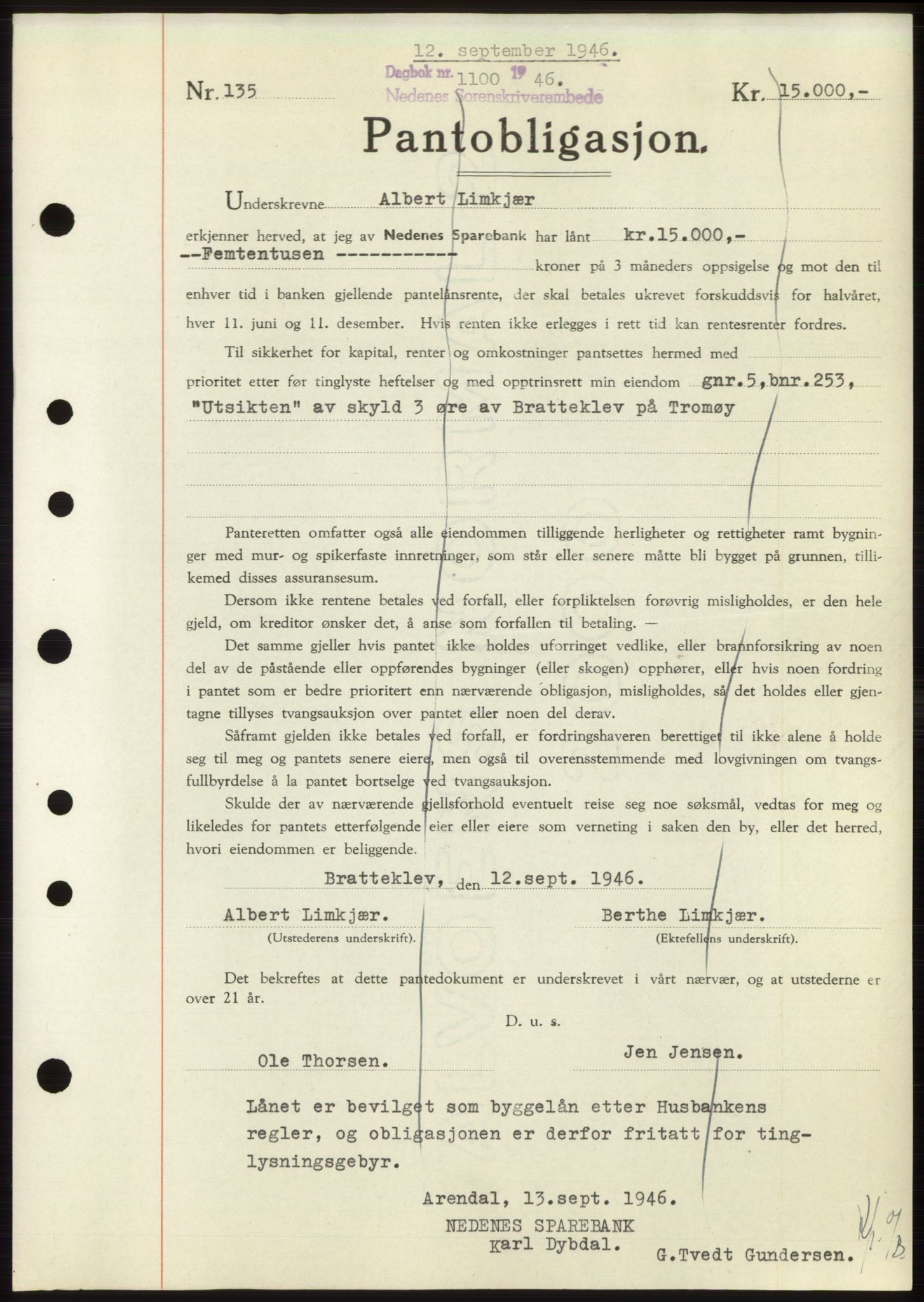 Nedenes sorenskriveri, SAK/1221-0006/G/Gb/Gbb/L0003: Mortgage book no. B3b, 1946-1946, Diary no: : 1100/1946