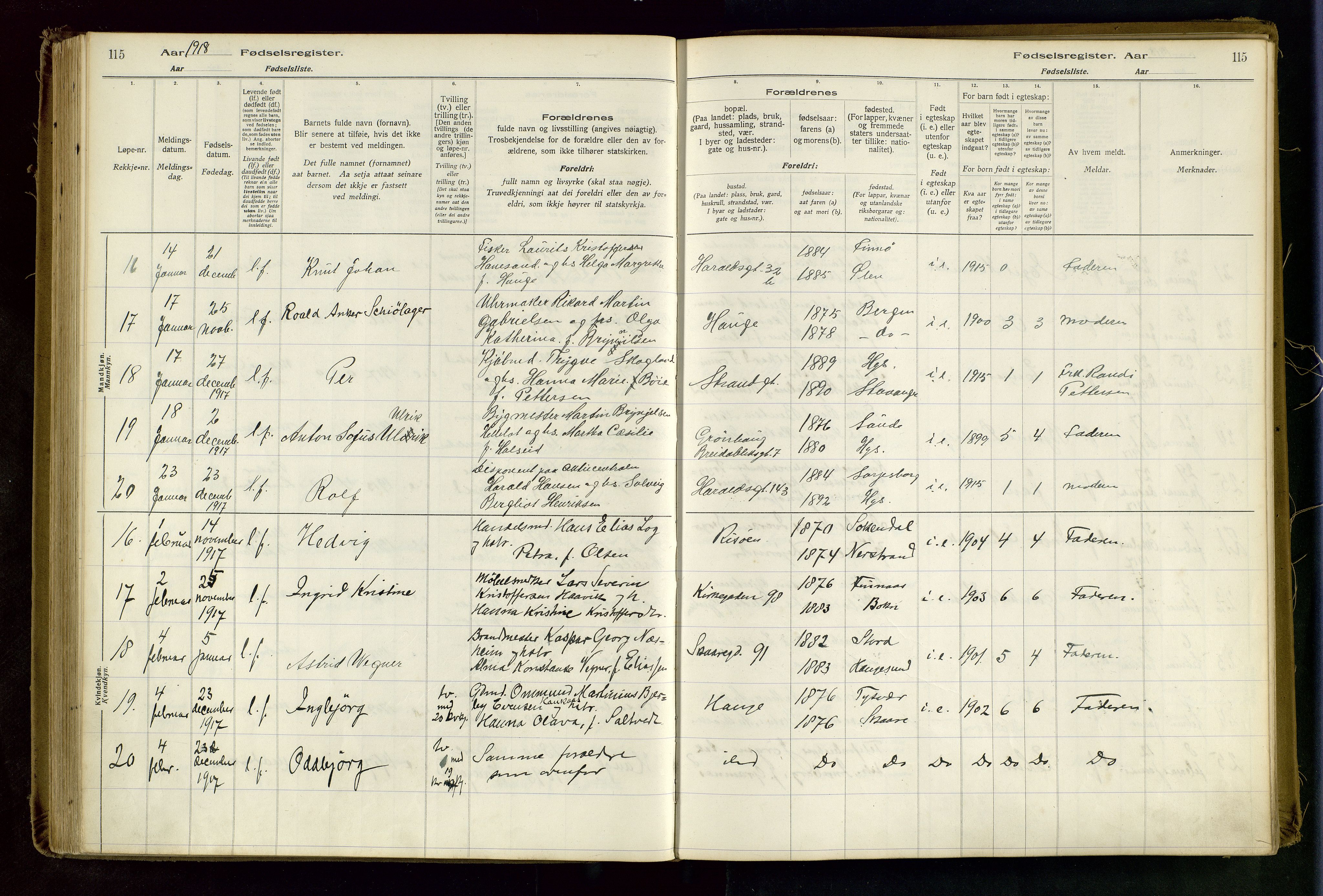 Haugesund sokneprestkontor, AV/SAST-A -101863/I/Id/L0003: Birth register no. 1, 1916-1919, p. 115