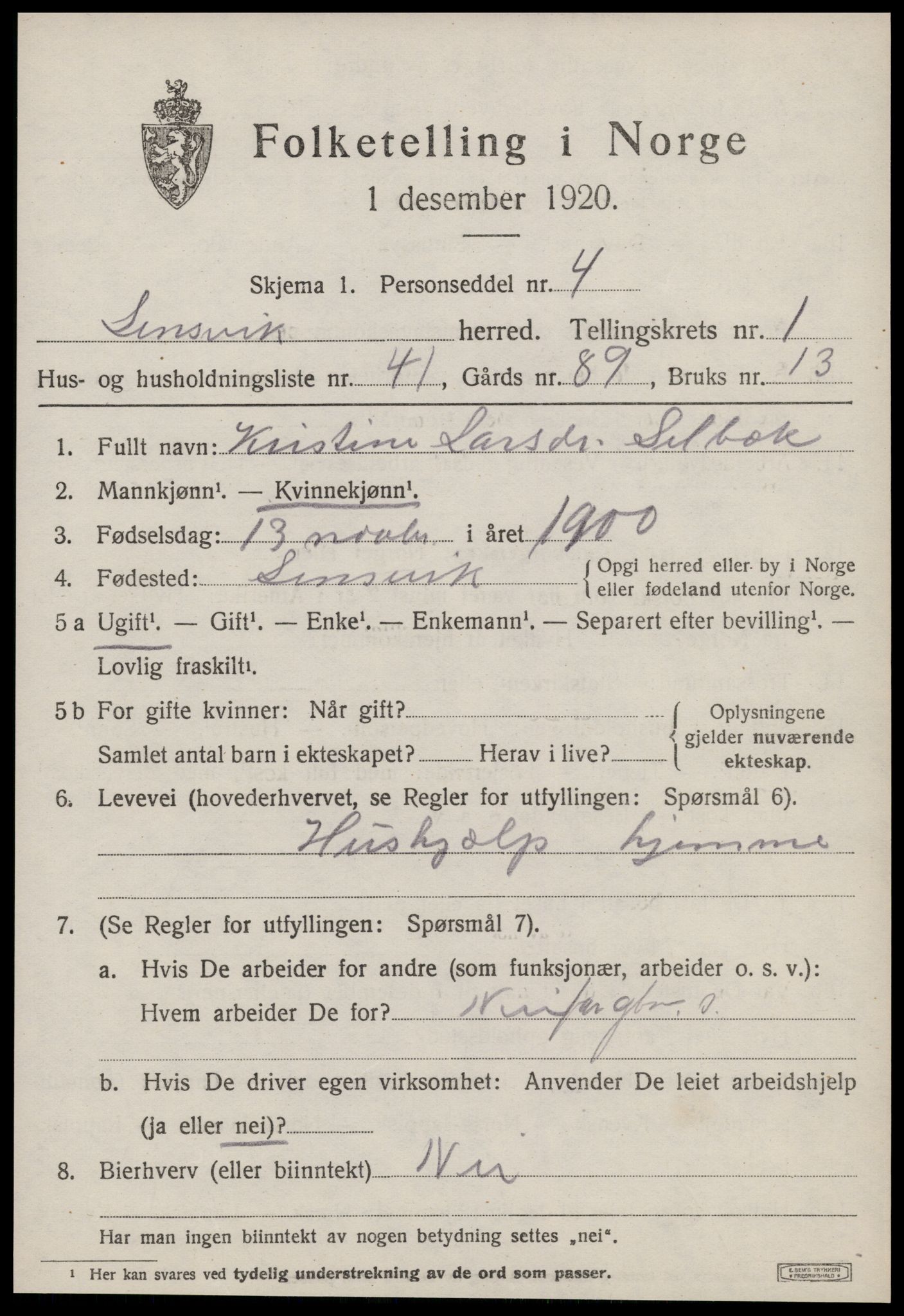 SAT, 1920 census for Lensvik, 1920, p. 938