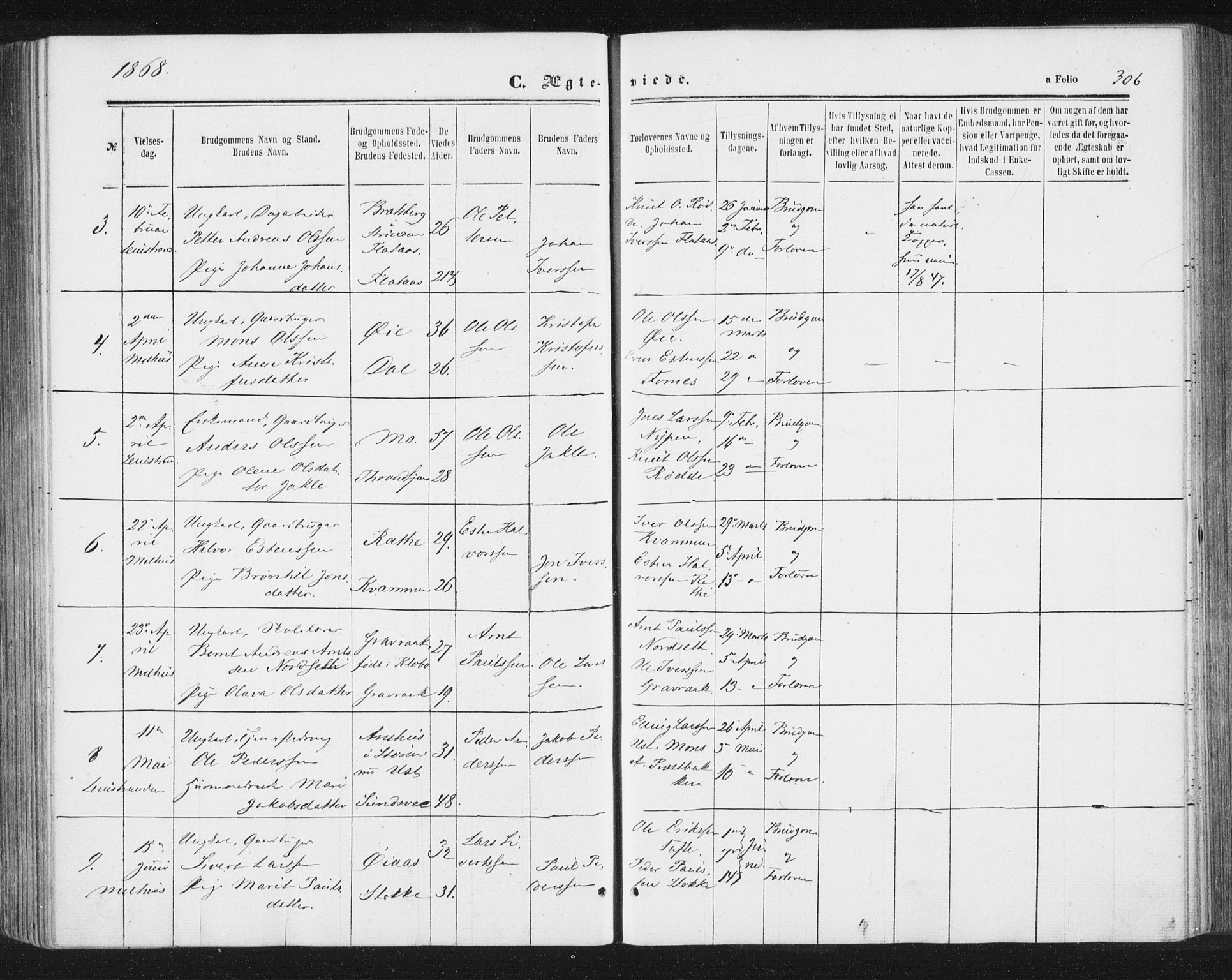 Ministerialprotokoller, klokkerbøker og fødselsregistre - Sør-Trøndelag, AV/SAT-A-1456/691/L1077: Parish register (official) no. 691A09, 1862-1873, p. 306