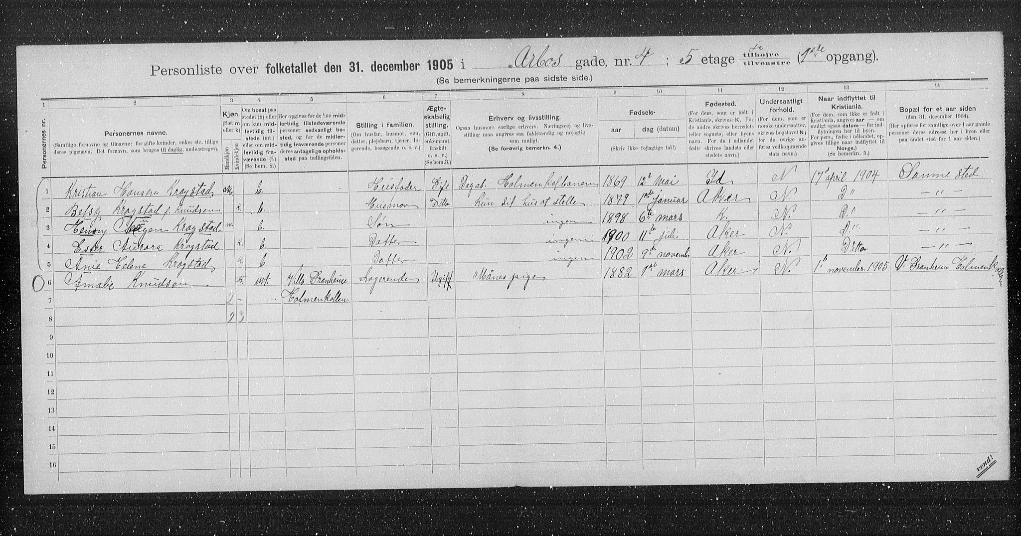 OBA, Municipal Census 1905 for Kristiania, 1905, p. 1019